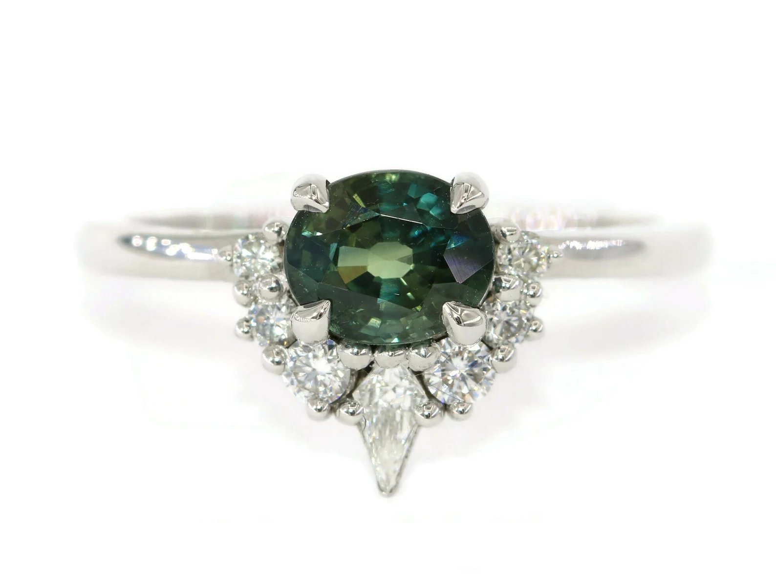 1.17 ct Oval Blue Green Natural Sapphire Engagement Ring with Kite Diamond Half Halo