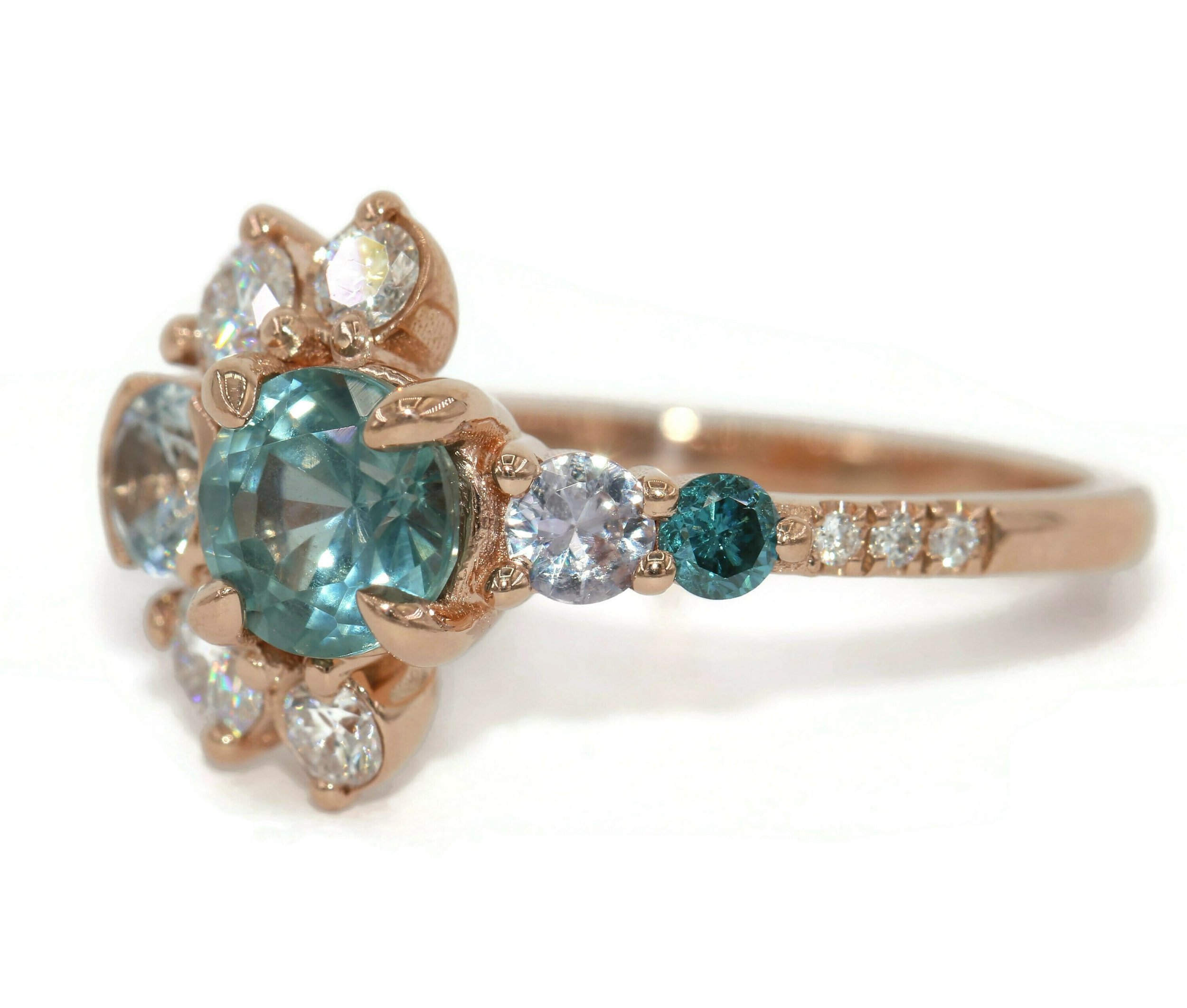 1 ct Teal Blue Green Montana Sapphire Sun and Moon Cluster Ombre Engagement Ring