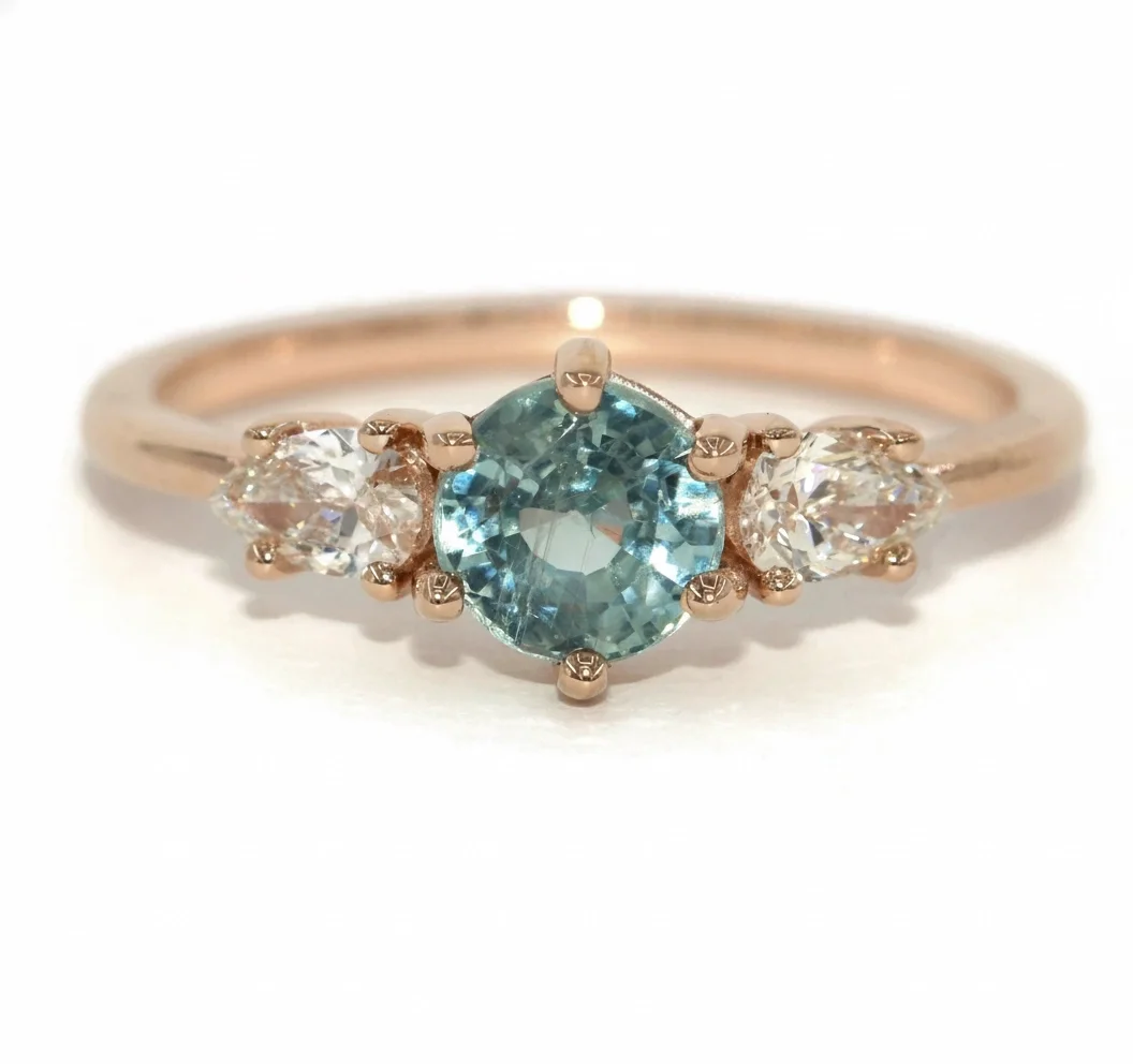 Montana Sapphire 3 Stone Engagement Ring with Pear Natural Diamond Gemstones