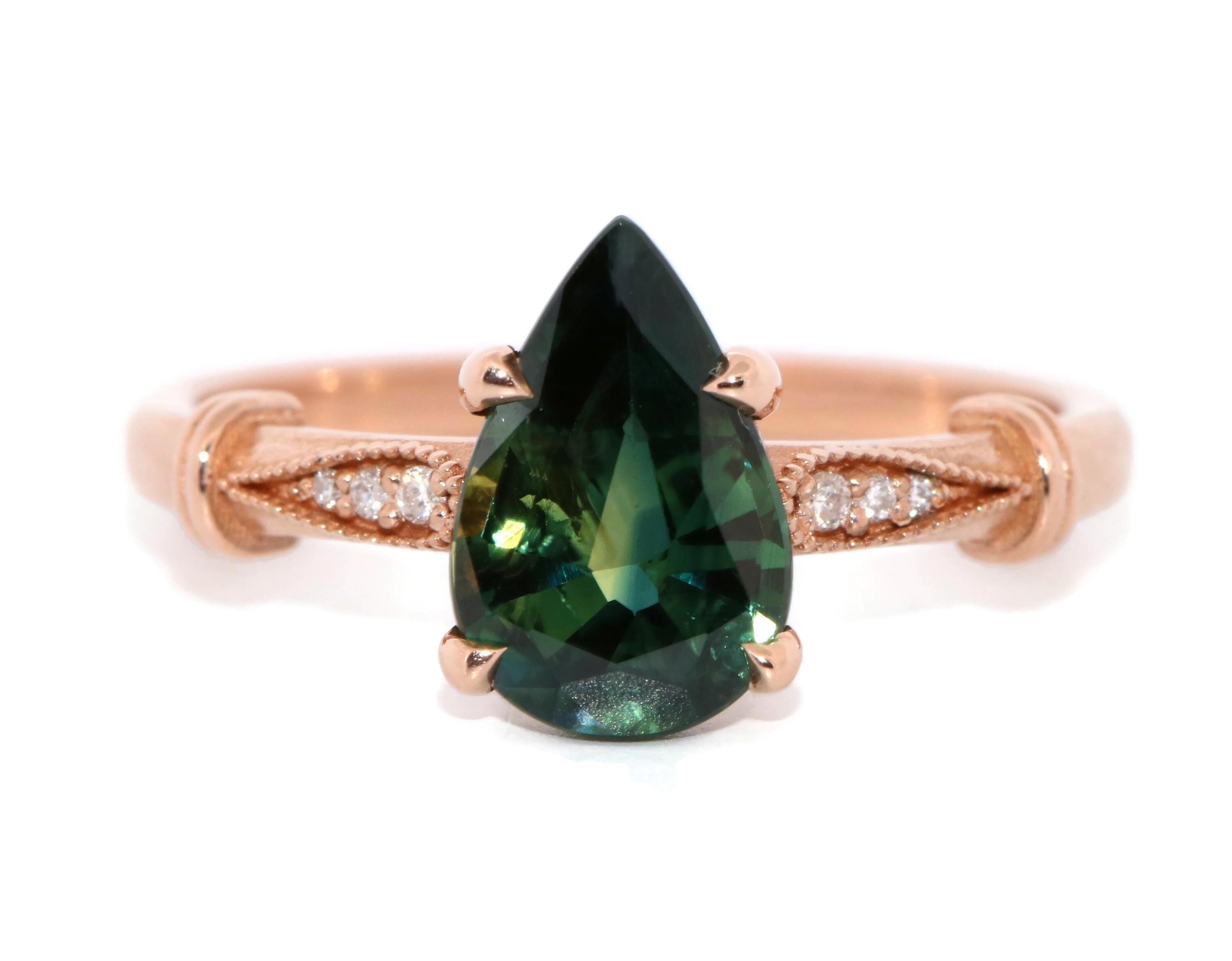 2 ct Pear Blue Green Natural Sapphire Vintage Style Pattern Ring