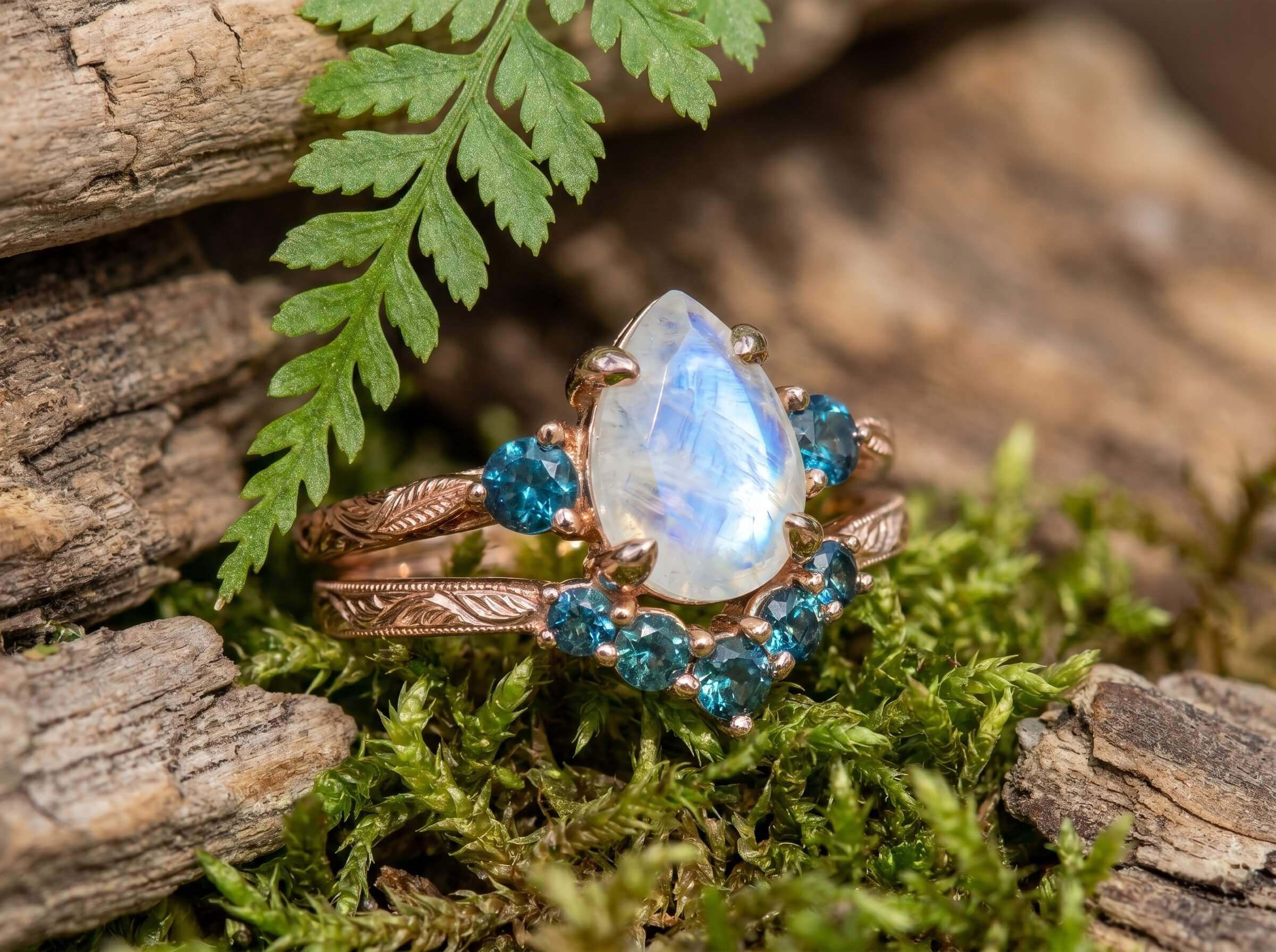 A pear-shaped moonstone ring flanked by blue topaz accents, paired with a curved chevron band of matching blue topaz, displayed on moss and bark.