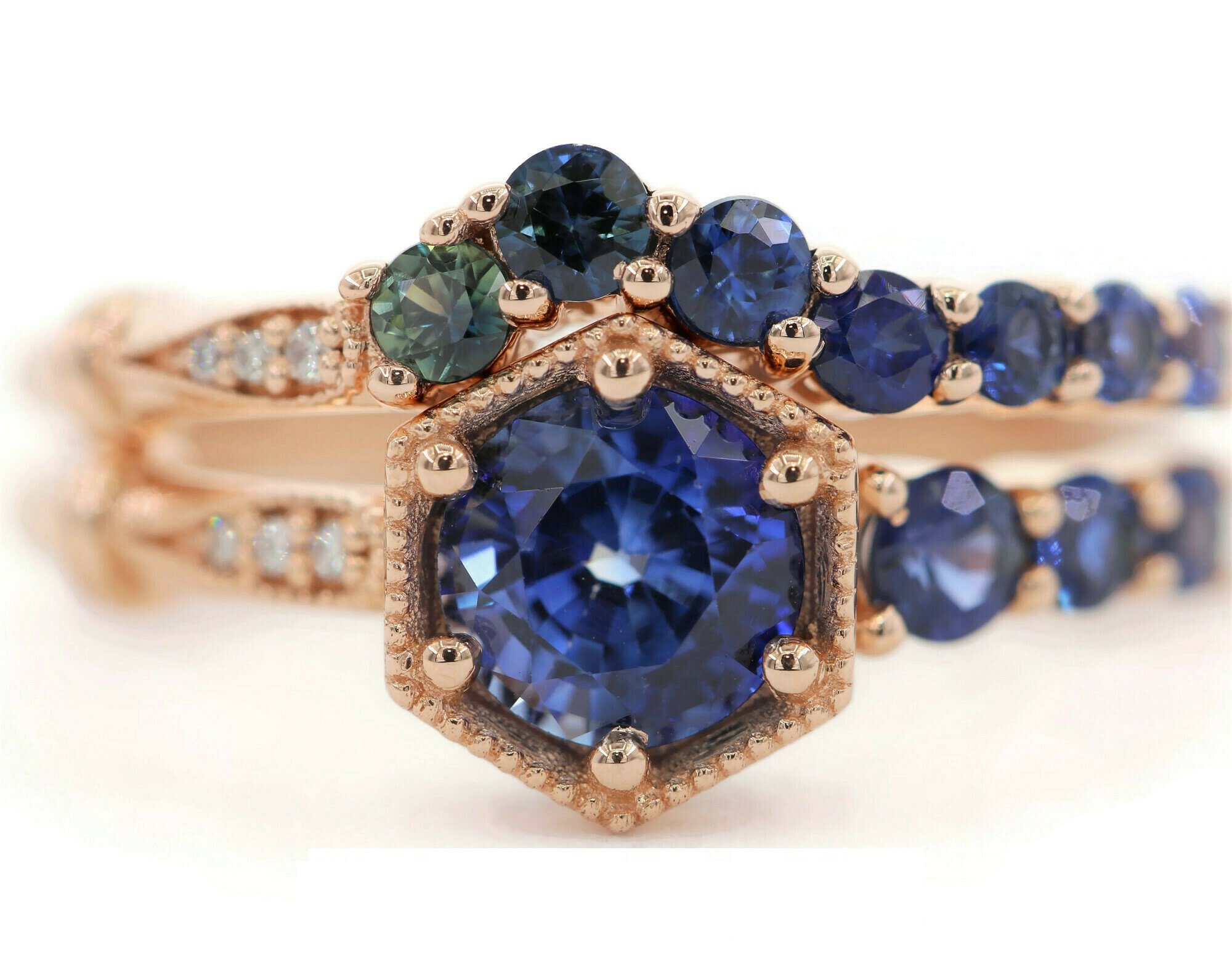 1 ct Blue Natural Sapphire Hexagon Frame Cluster Engagement Rings Set