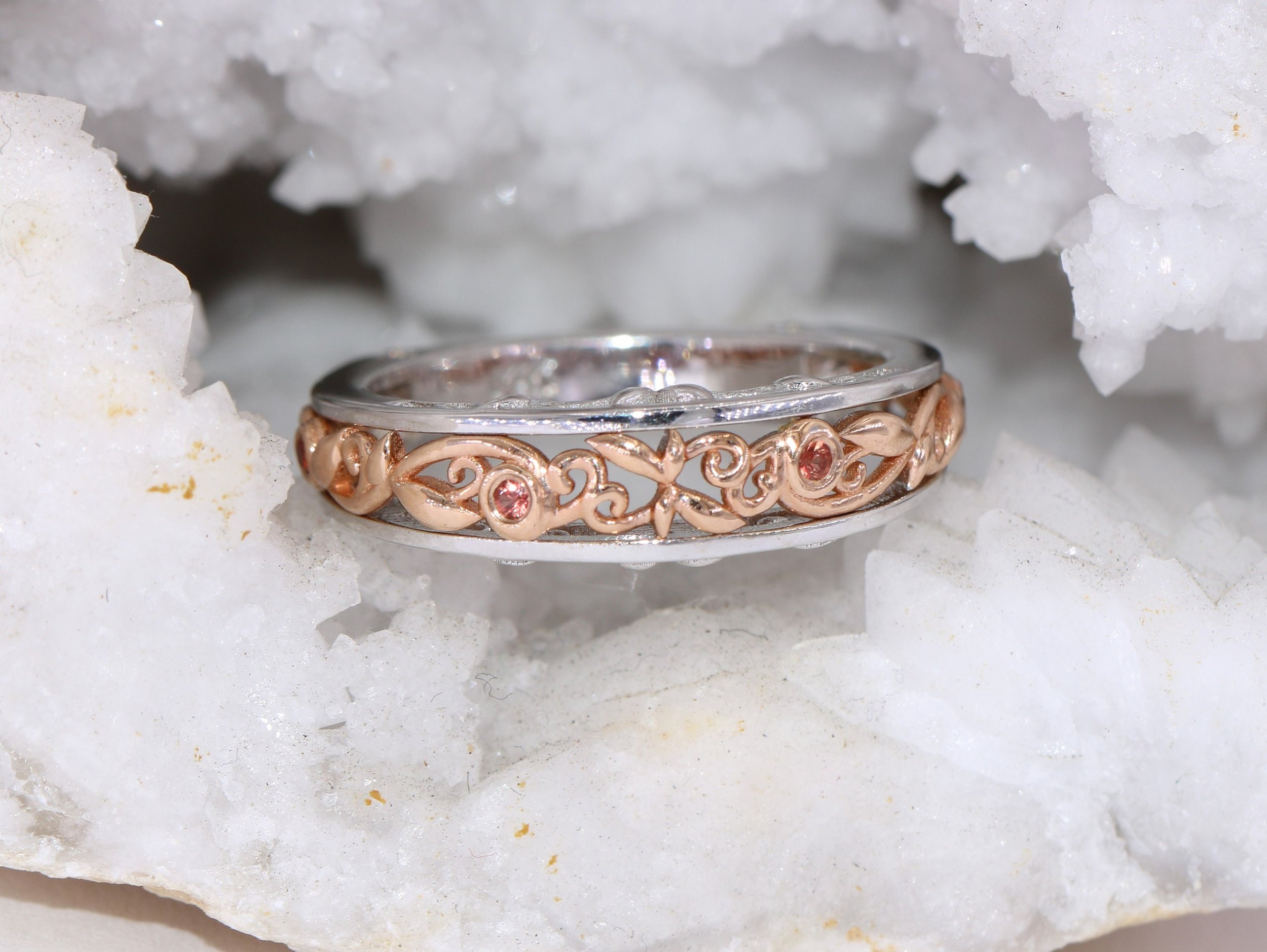 Mixed Bi-color White and Rose Gold Vine Leaf Euro Shank Foliage Ring