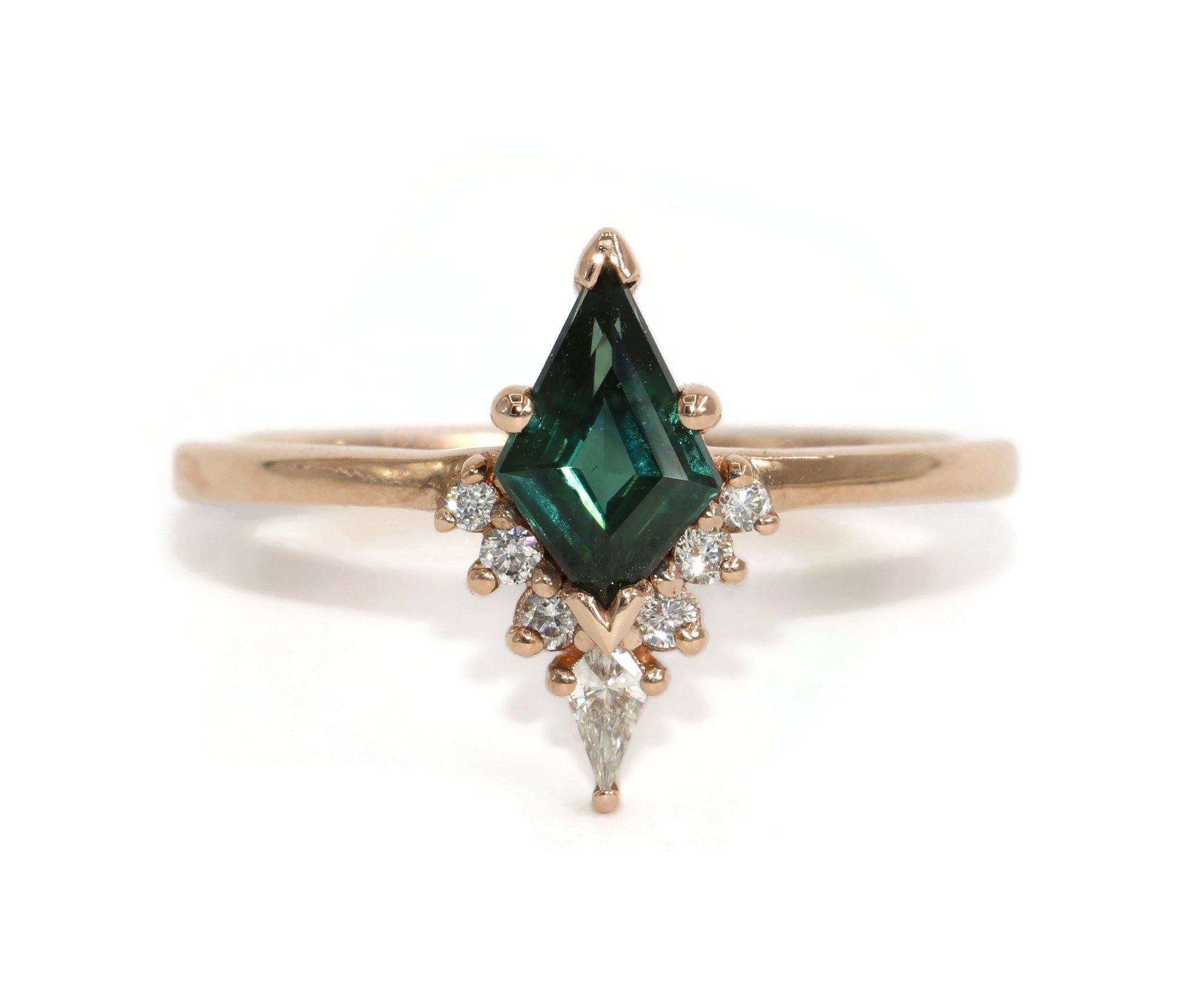 Kite Teal Green Natural Sapphire and Kite Diamond Sunburst Ring