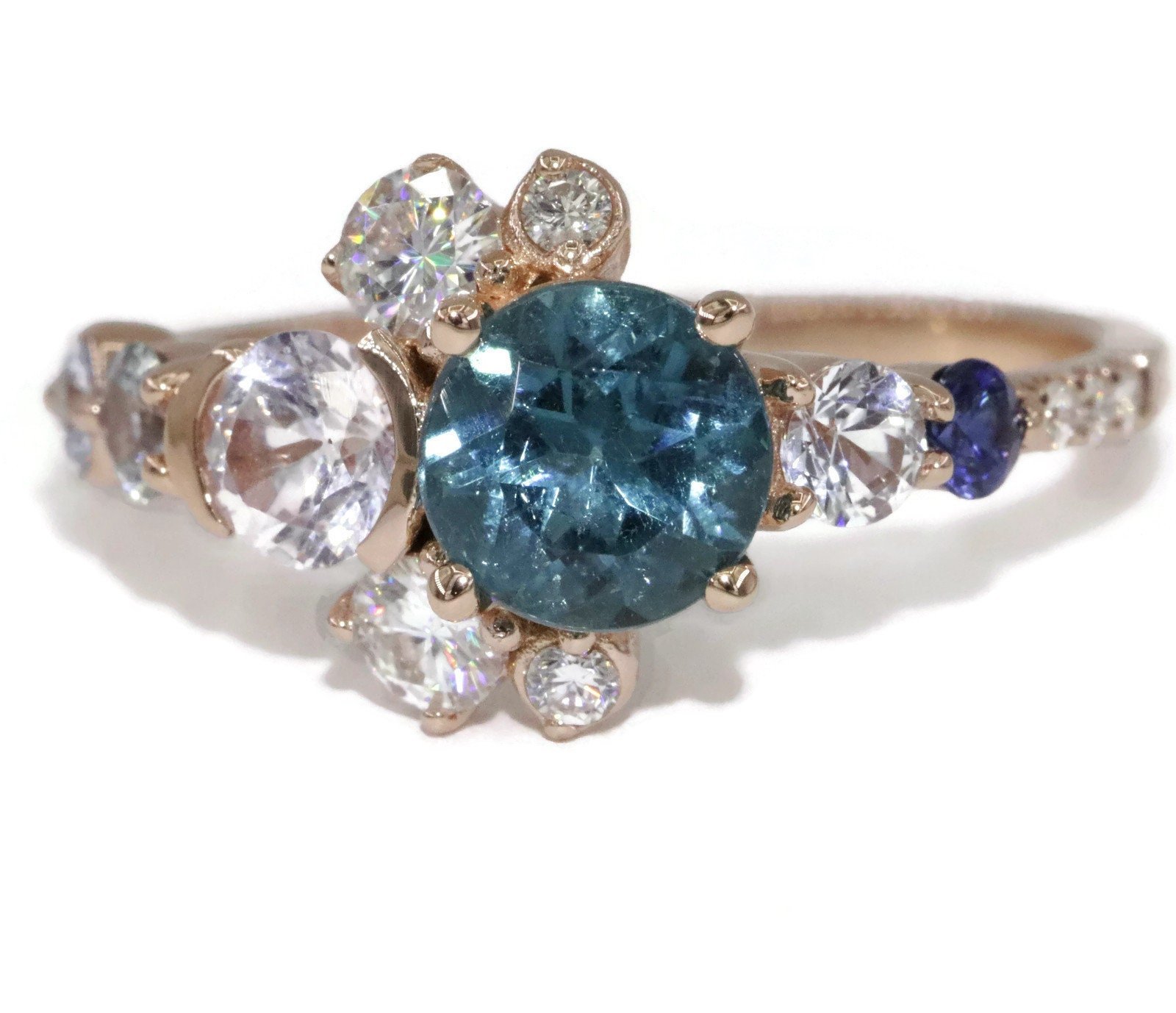 1 carat Blue Green Natural Tourmaline Sun and Moon Ombre Cluster Crescent Halo Ring