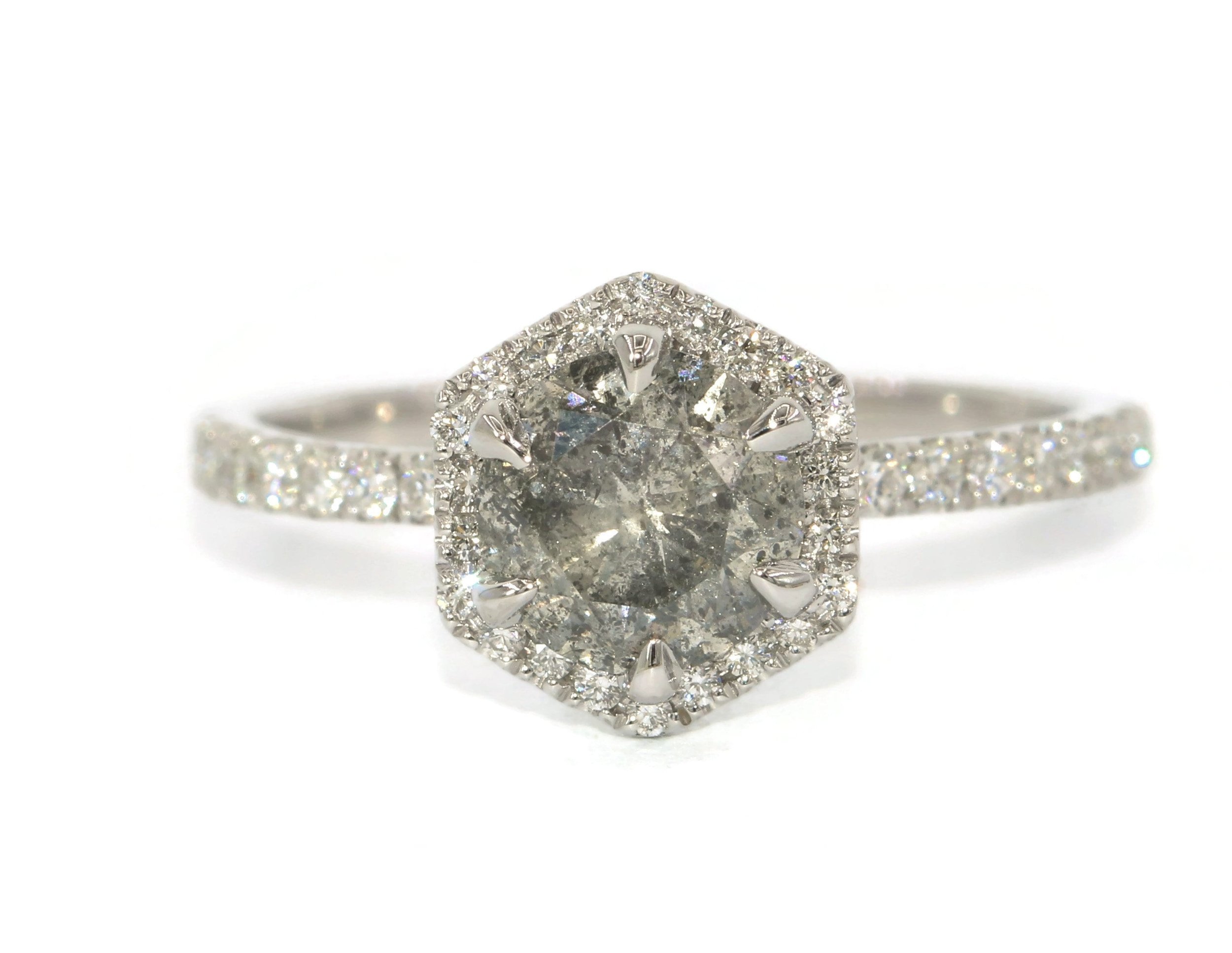 1 ct Hexagon Salt and Pepper Natural Diamond Engagement Ring