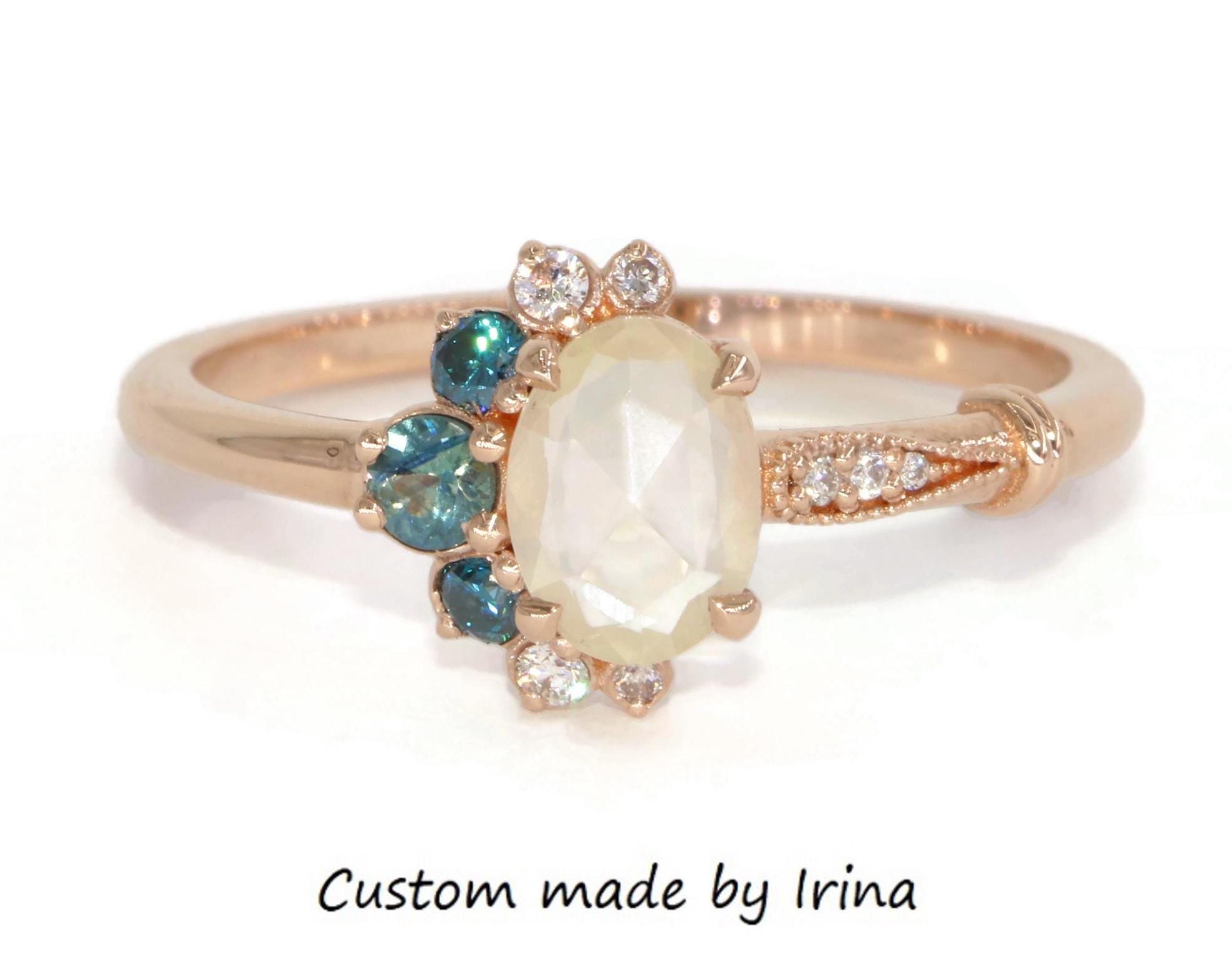 Rose Cut Oval Cluster Ombre Ethereal Fairy-tale Engagement Ring