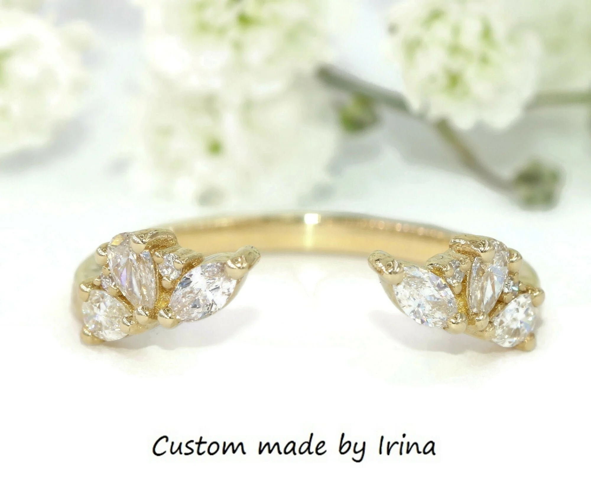 Open Cuff Natural Diamond Cluster Ring Custom Made 14k Solid Gold