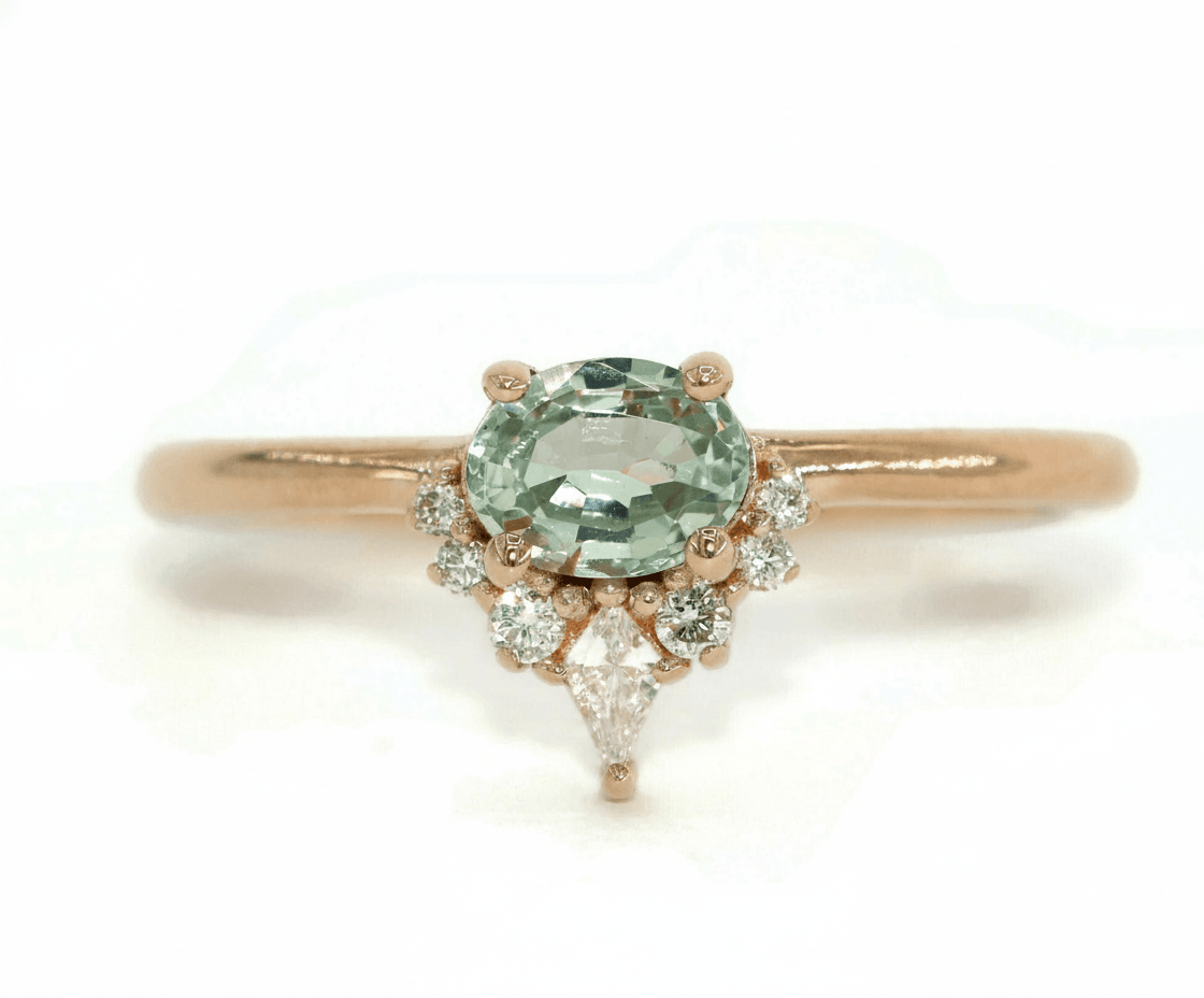 Pastel Teal Green Natural Unheated Montana Sapphire + Kite Diamond Half Halo Sunburst Ring