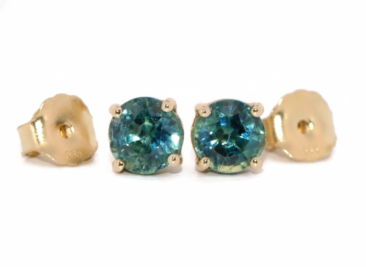 1.28 ct Blue Green Bi-color Sapphire Stud Earrings: Ready to ship