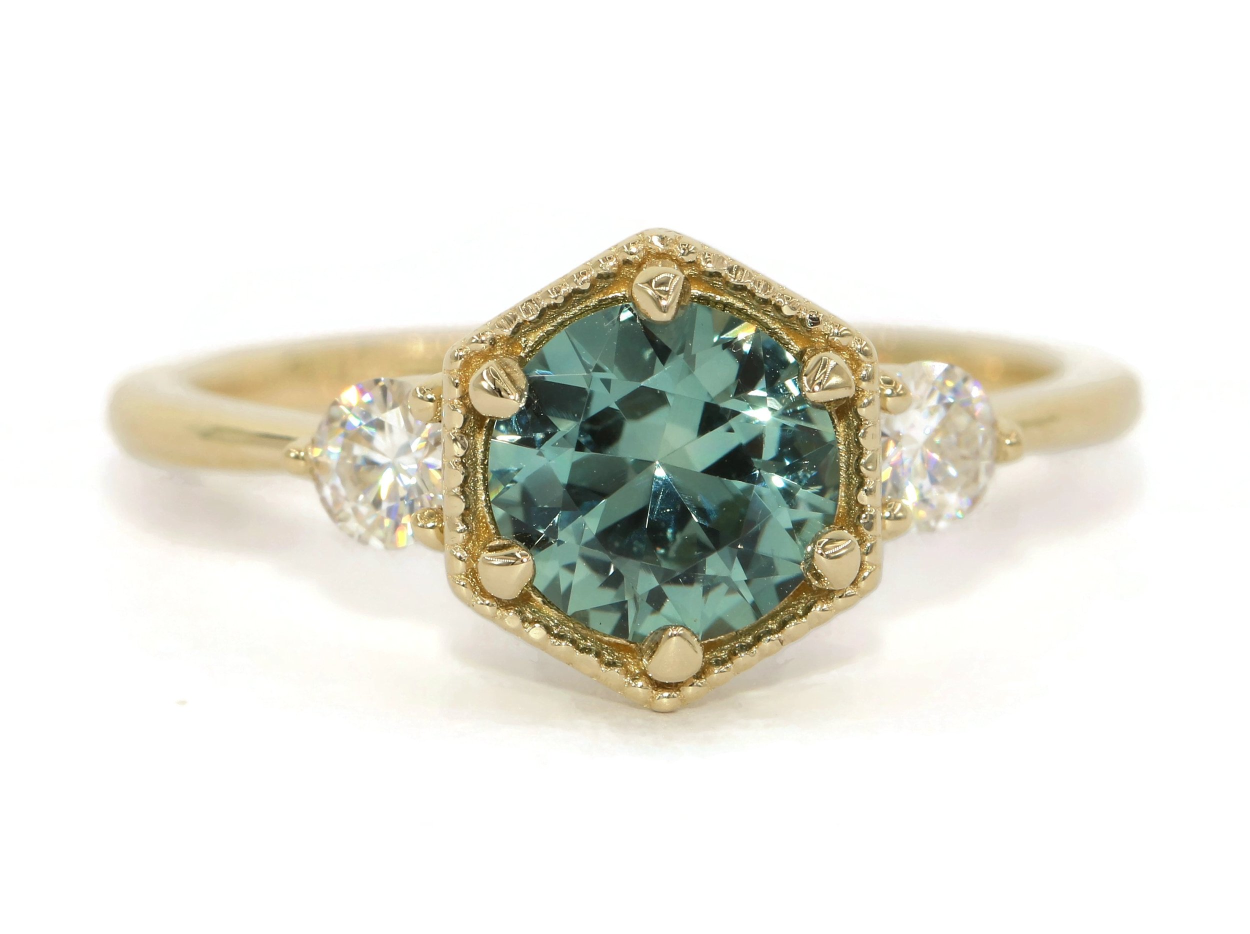 Hexagon Shape Mill Grain Frame 3 Stone Ring Setting ONLY