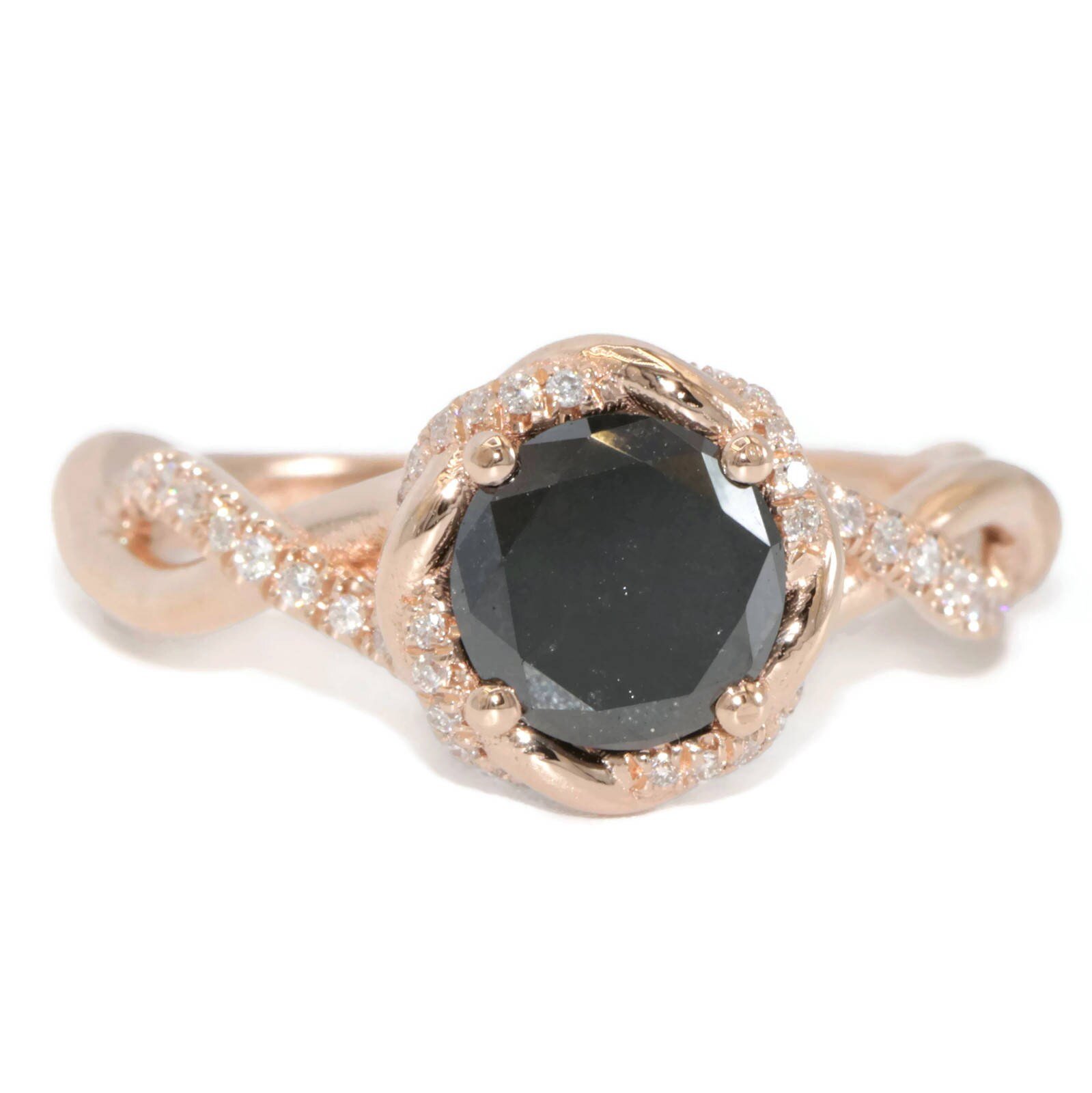 2 ct Black Natural Diamond Engagement Ring with Rope Diamond Halo