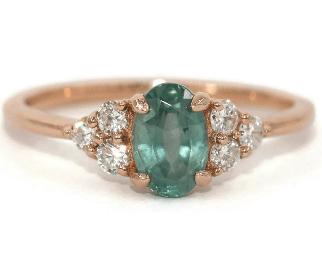 1 ct Oval Teal Blue Green Natural Sapphire + Diamonds Engagement Ring