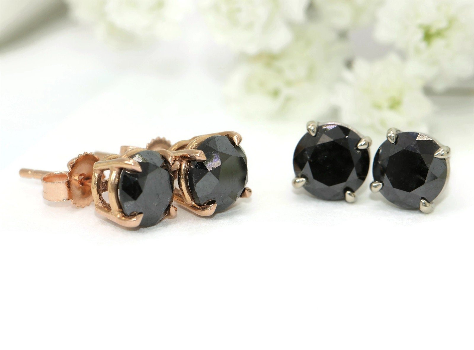 Custom Made 2 Carat Black Natural Diamond Stud Earrings