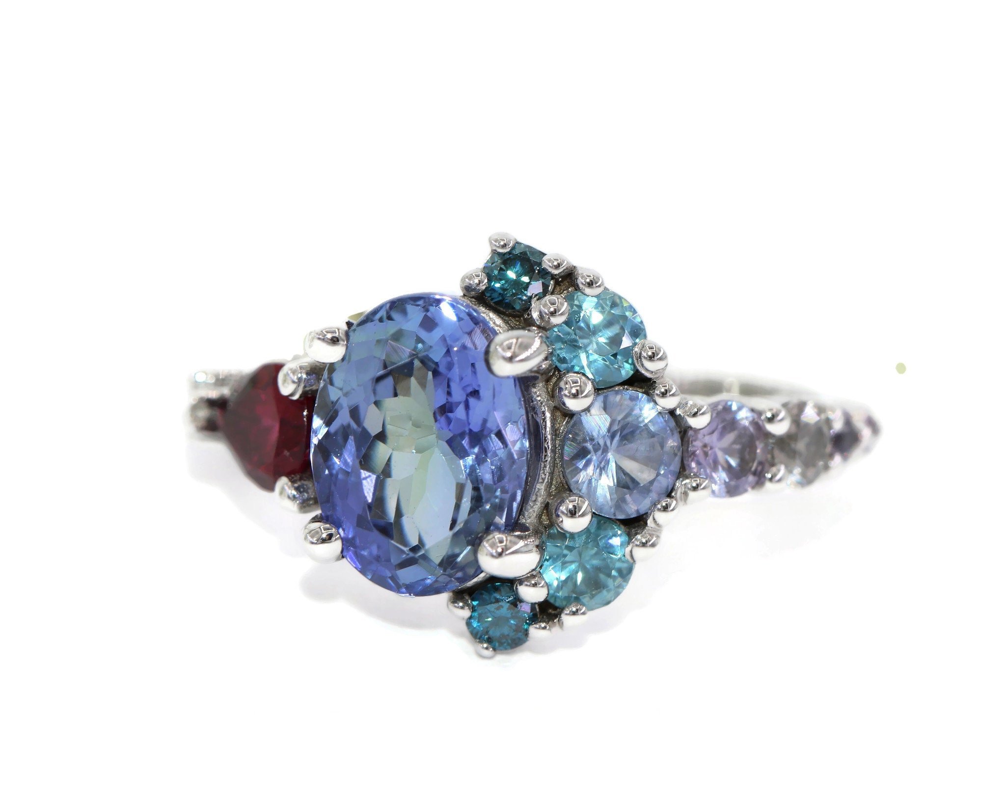 2 ct Oval Natural Tanzanite Ombre Cluster Crescent Halo Ring