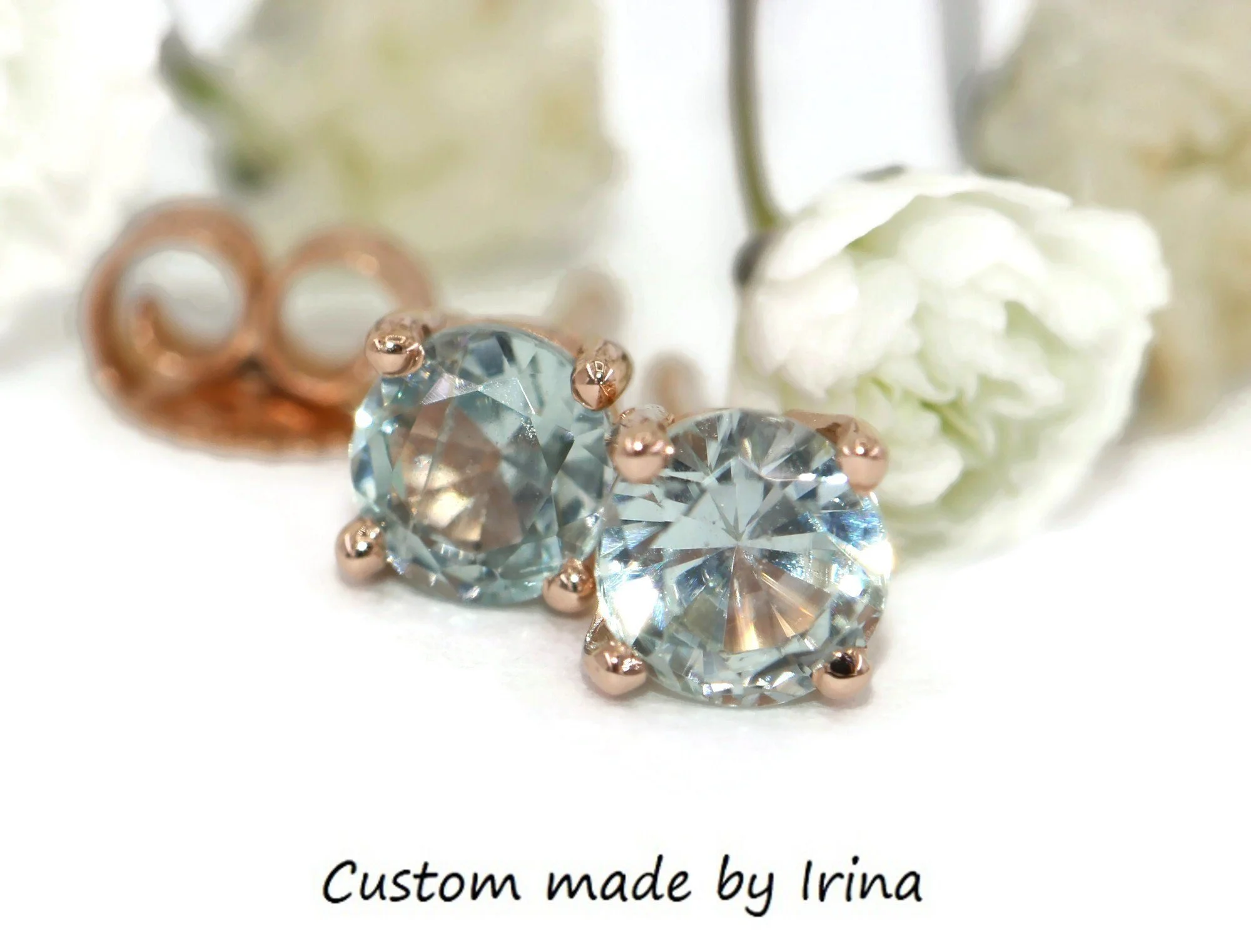 Custom-made Sky Blue Natural Sapphire Stud Earrings 14k Solid Gold