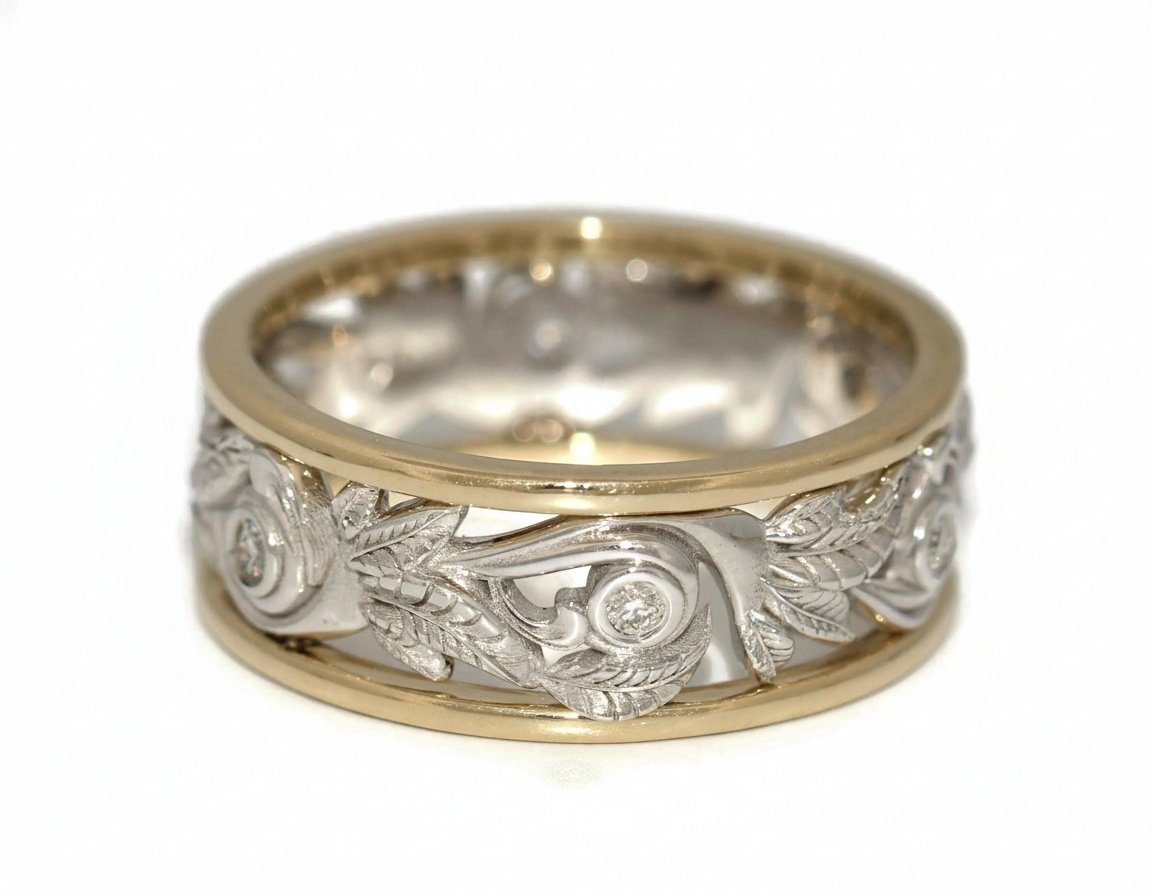 6 mm Bi-color Mixed Gold Natural Diamonds Lace Scrollwork Vine Leaf Wedding Ring