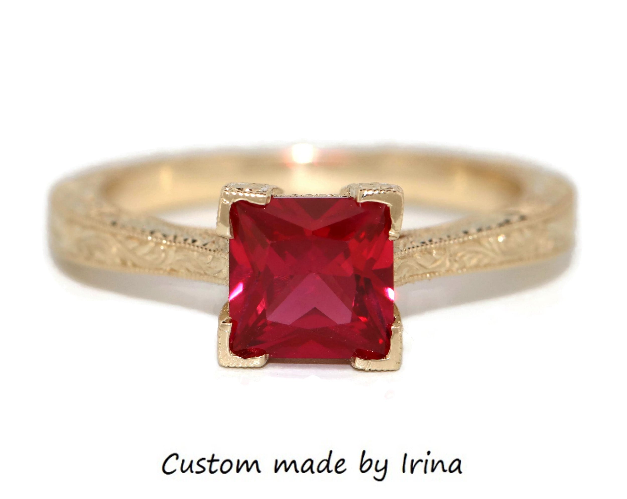 Hand Engraved Victorian Style Custom Made Princess 14k Solid Gold Ring