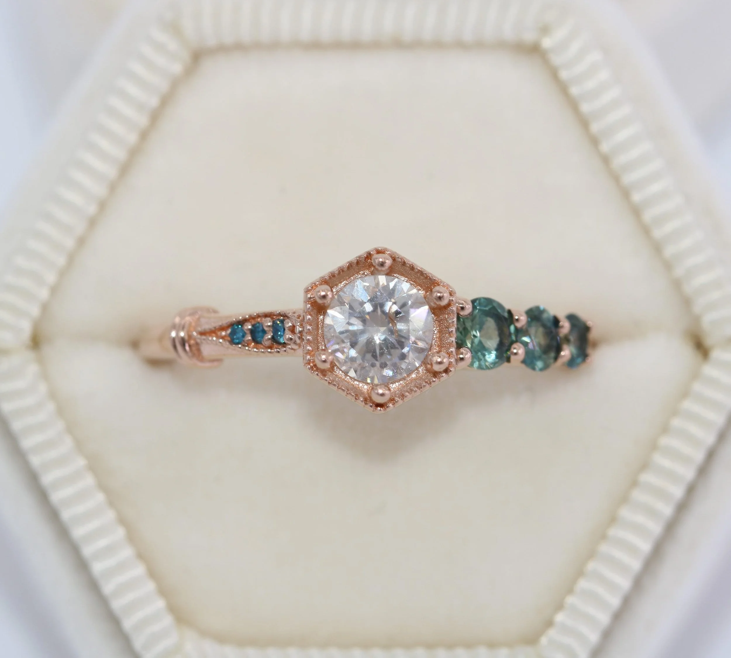 1 ct IGI Certified Lab Diamond Ring with Teal Blue Green Cluster Side Gems 14k Solid Gold