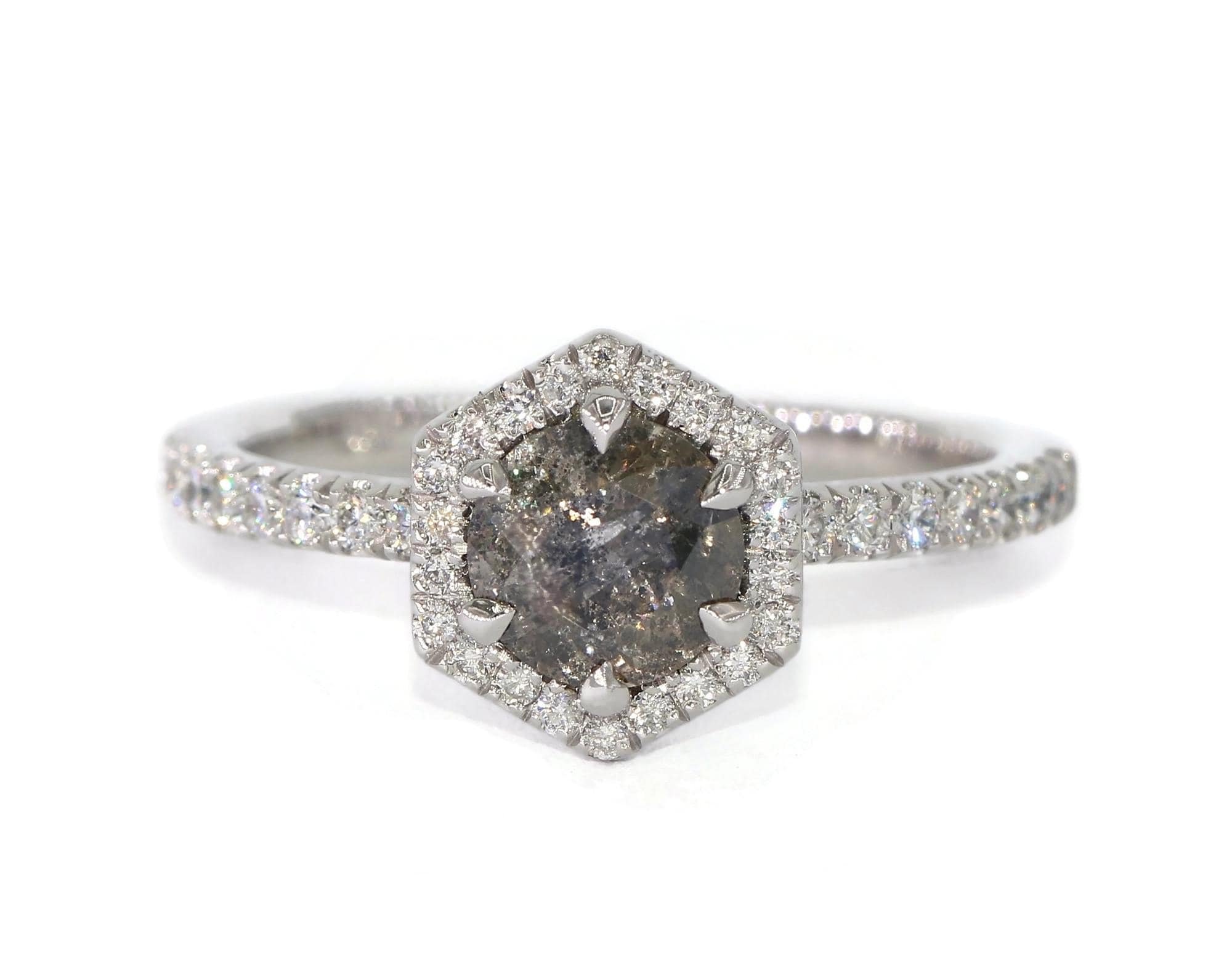 1.5 ct Dark Salt and Pepper Hexagon Natural Diamond Engagement Ring