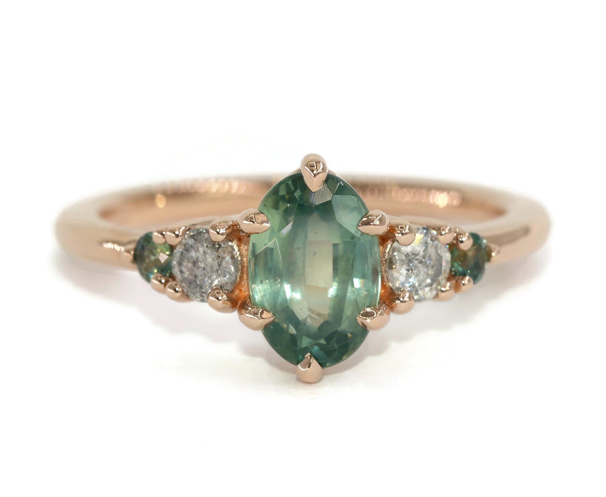 2 ct Teal Green Natural Sapphire Five Stone Engagement Ring with Side Gray Natural Diamonds