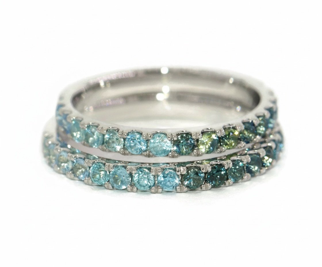 Gradient Ombre Teal Blue Green Sapphires Half Eternity Wedding Ring