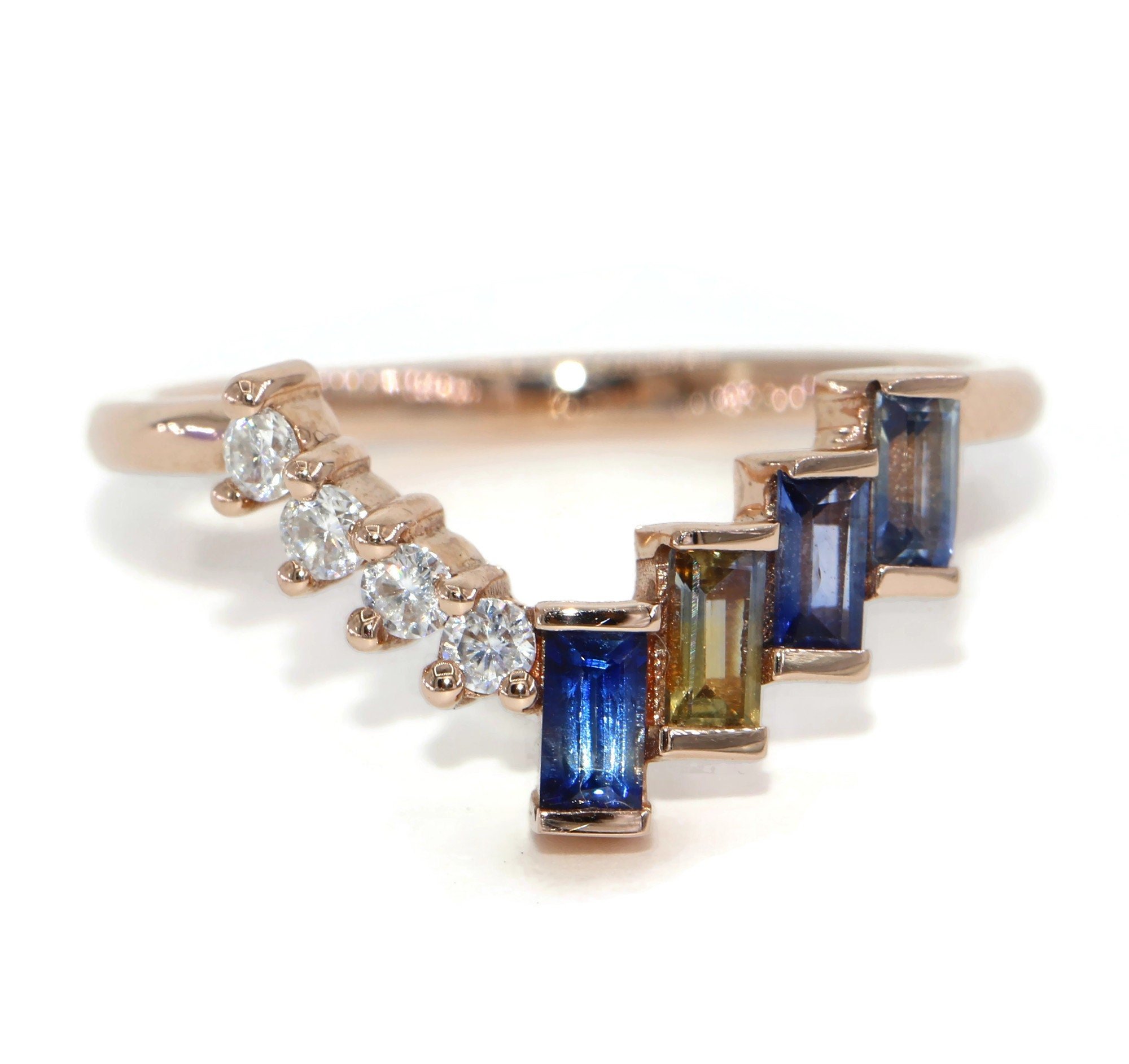 Custom Baguette Ombre Natural Sapphires Step Setting Cluster Ring