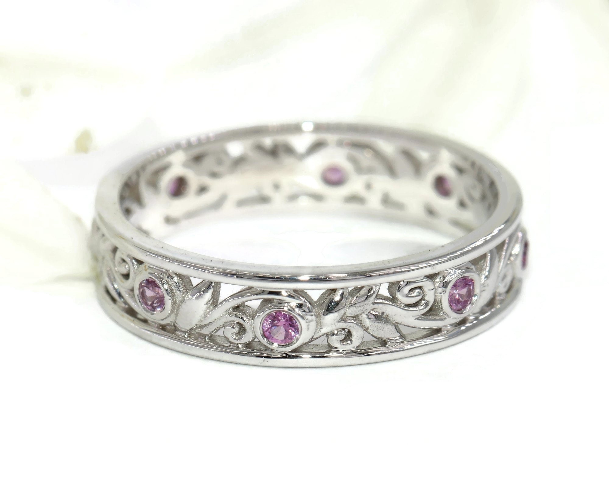 Foliage Pink Sapphires Vine Leaf Eternity Ring Custom Made