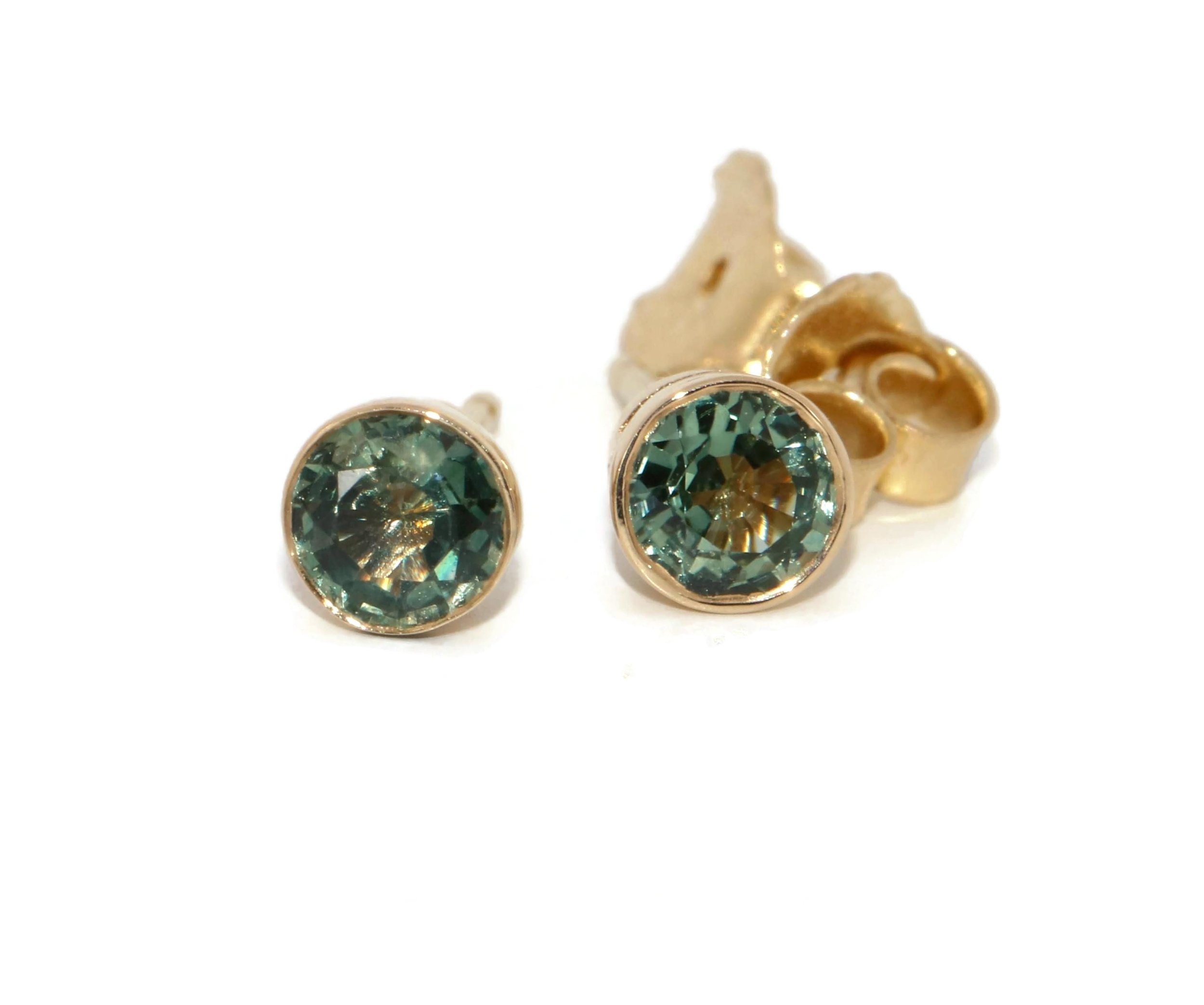 Teal Blue Green Bezel Sapphire Stud Earrings: Ready to ship