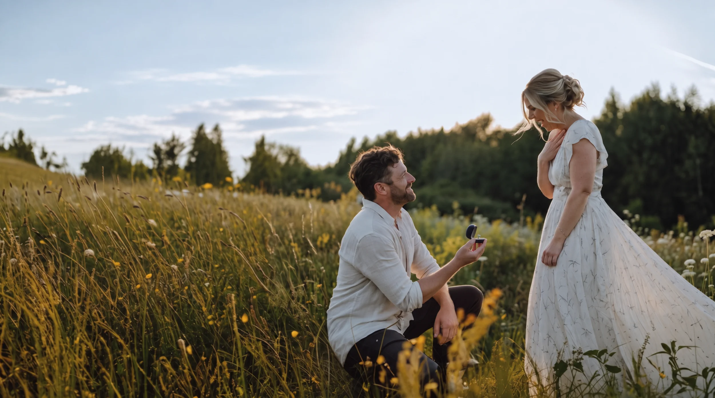 Man kneeling in a wildflower field proposing with a ring to a smiling woman in a white dress