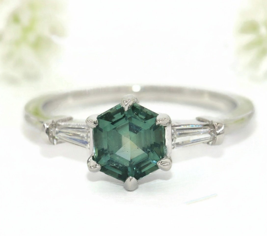 1 ct Teal Blue Green Hexagon Sapphire 3 stone Engagement Ring with Tapered Baguette Diamonds