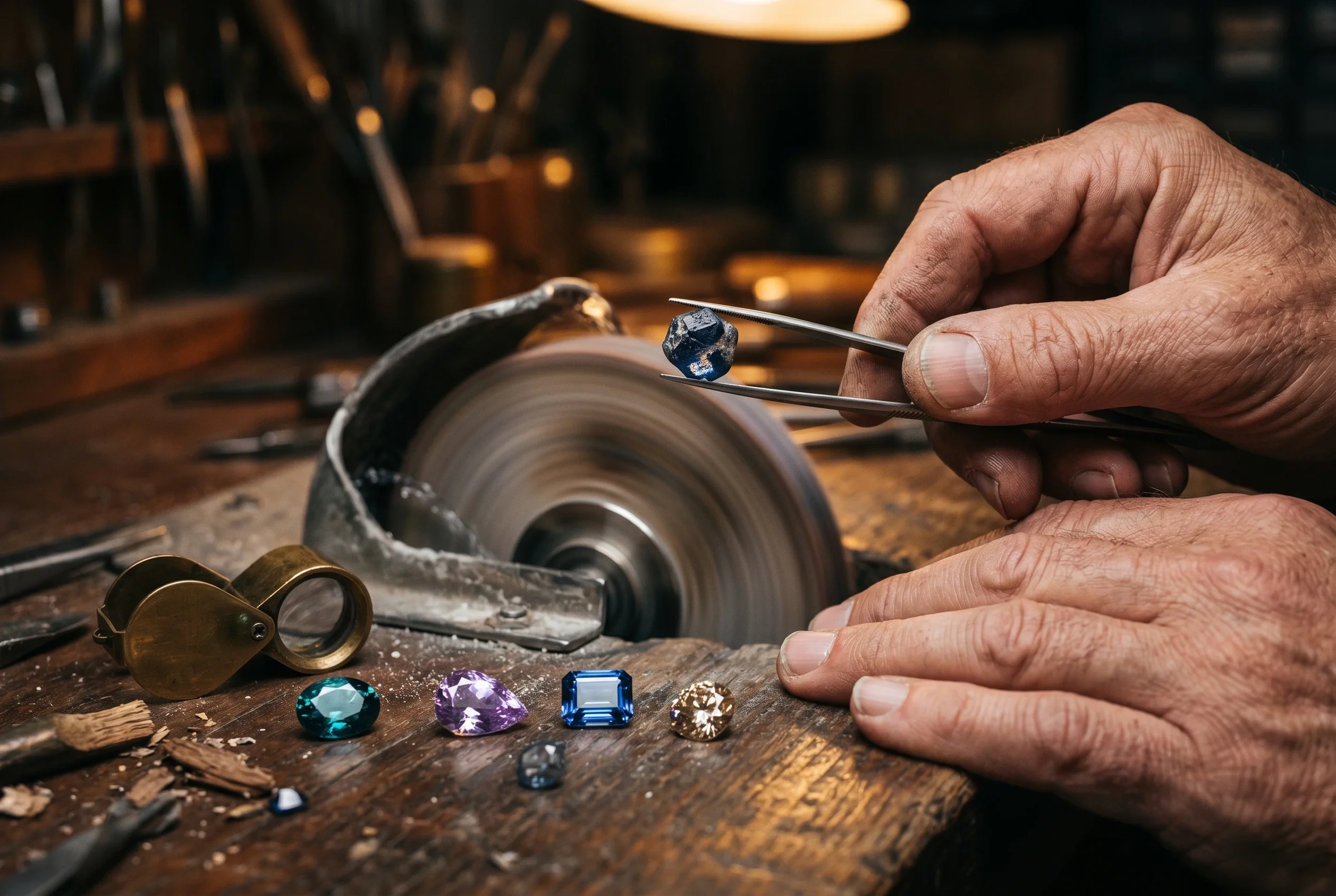 A jeweler's hand using tweezers to handle a blue gemstone near a spinning polishing wheel, with various colorful gemstones scattered on a workbench.