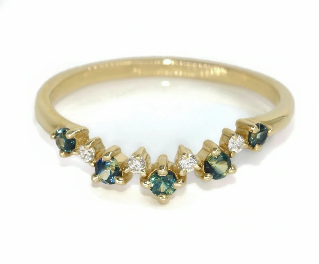 Ombre Blue Green Natural Sapphires and Diamonds Curved Cluster Wedding Band