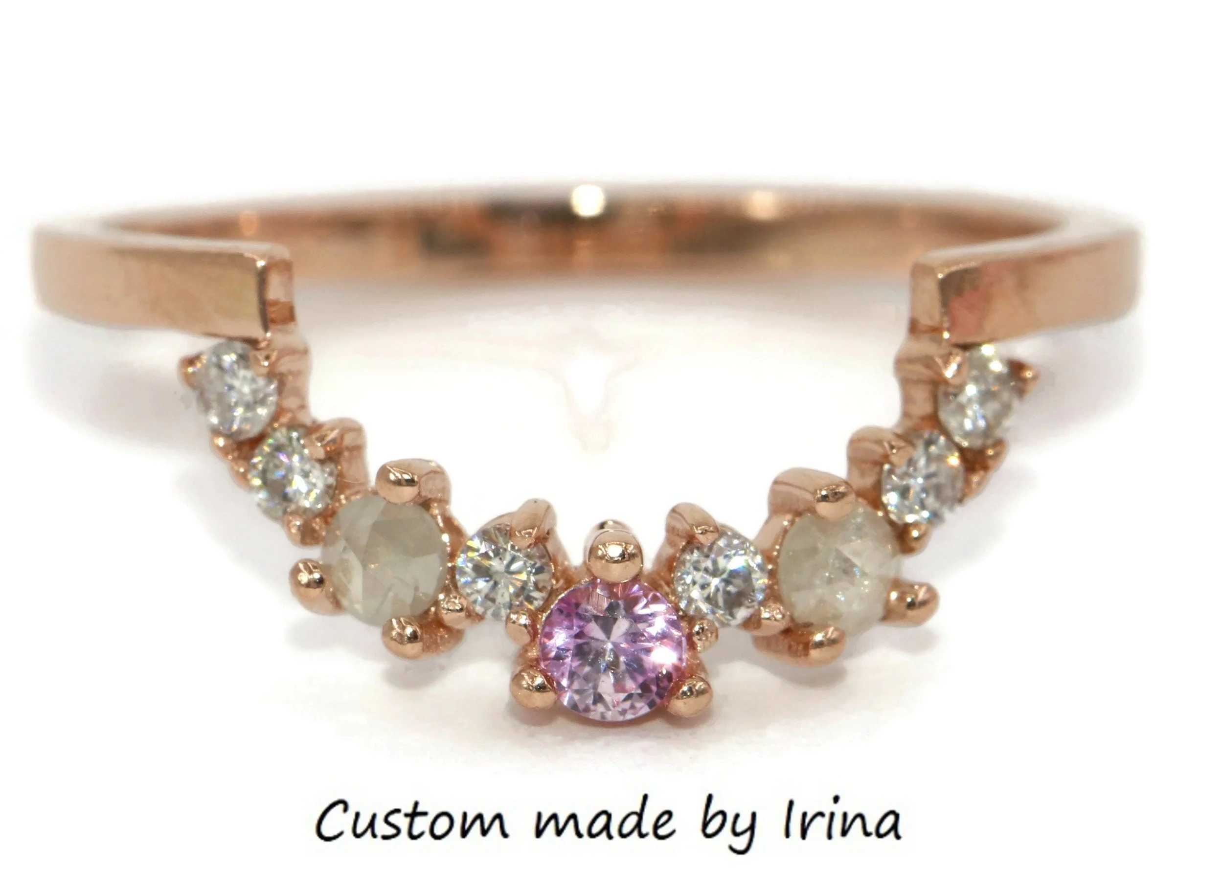 Curved Ombre Multi Gemstone Cluster Nesting Wedding Ring 14k Solid Gold