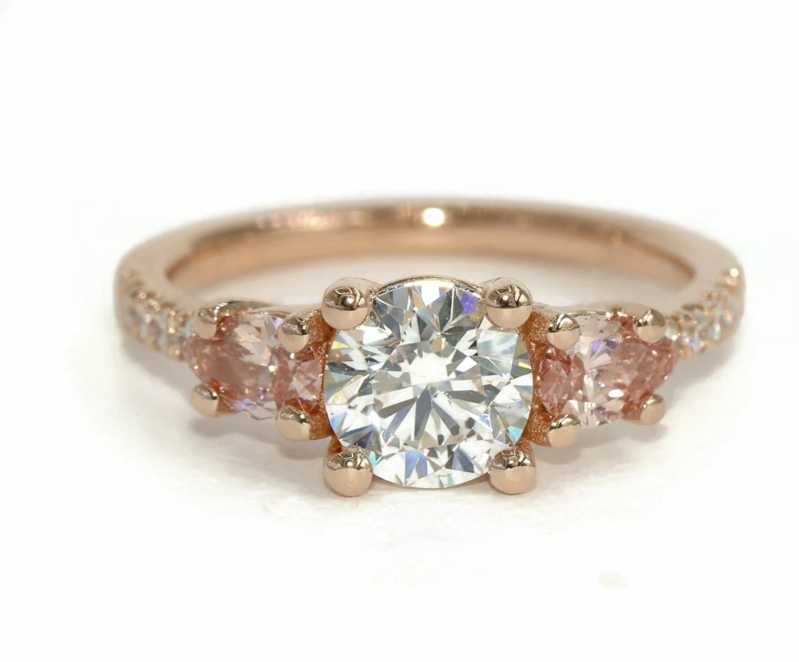 1.2 carat Lab Diamond 3 Stone Ring with Pear Pink Lab Diamond Stones