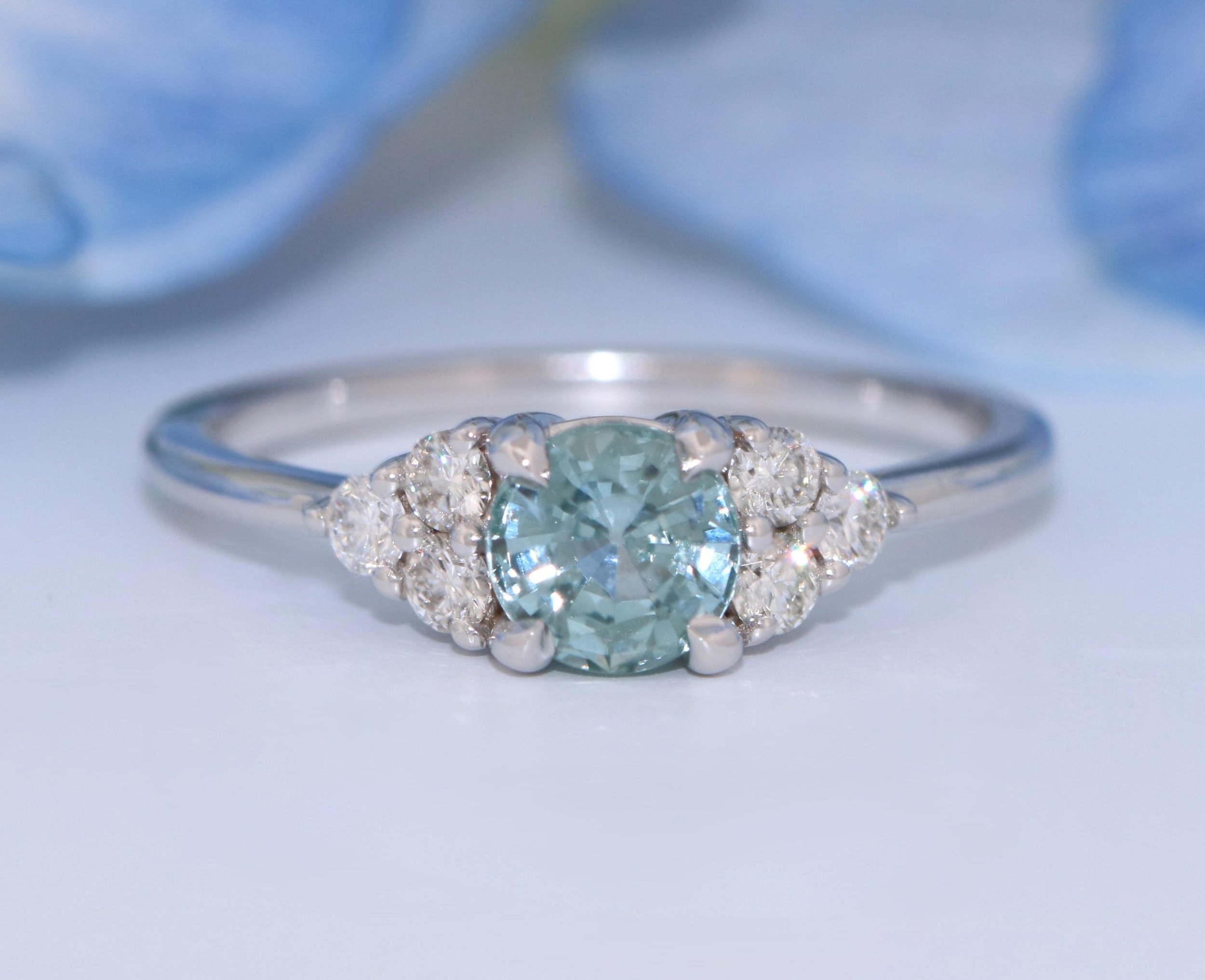 Unheated Natural Montana Sapphire + Diamonds Engagement Ring