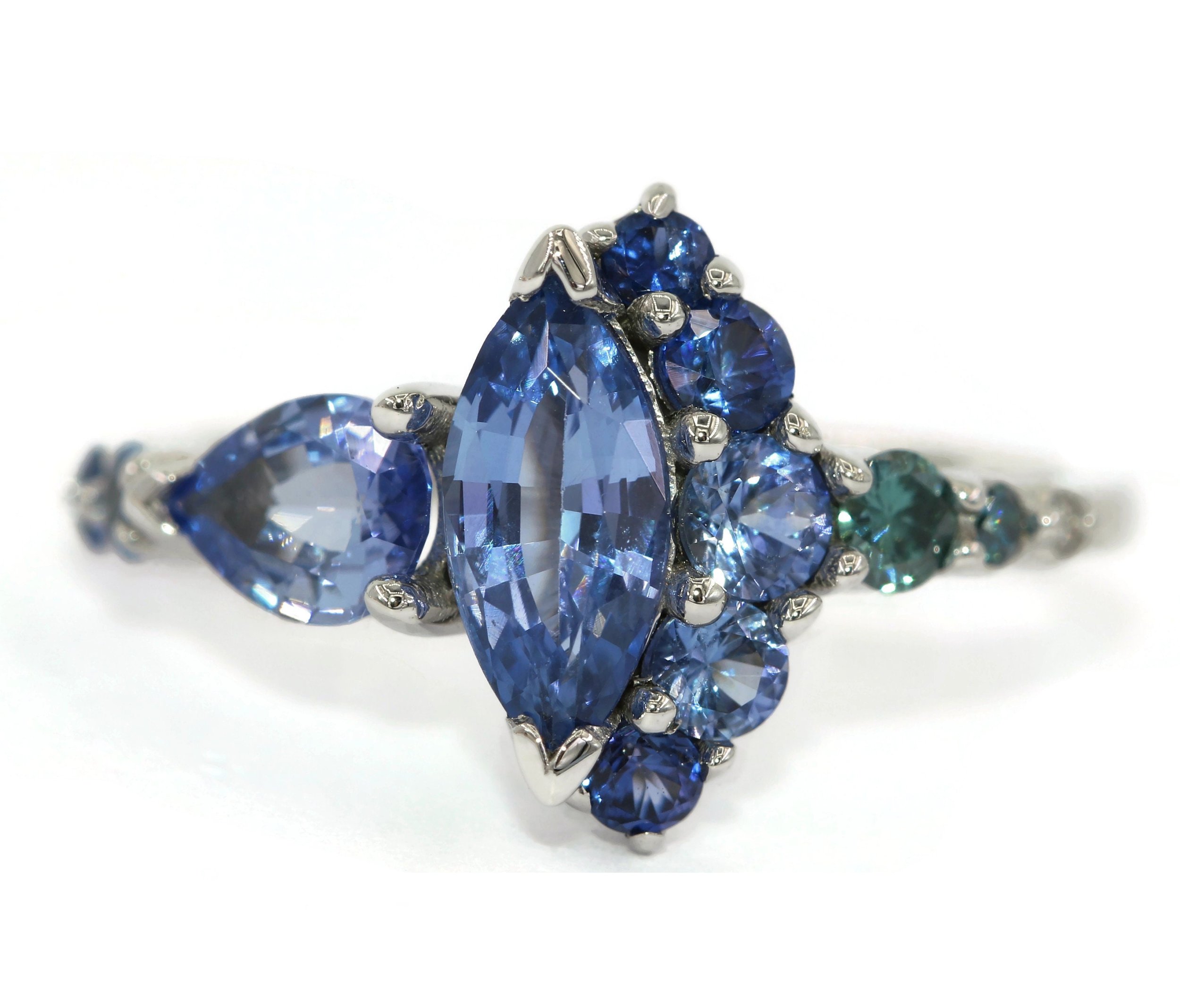 1 ct Blue Marquise Natural Sapphire Cluster Engagement Ring