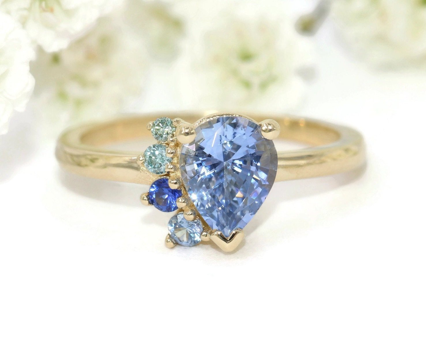1.2 ct Pear Natural Sapphire Ombre Cluster Engagement Ring
