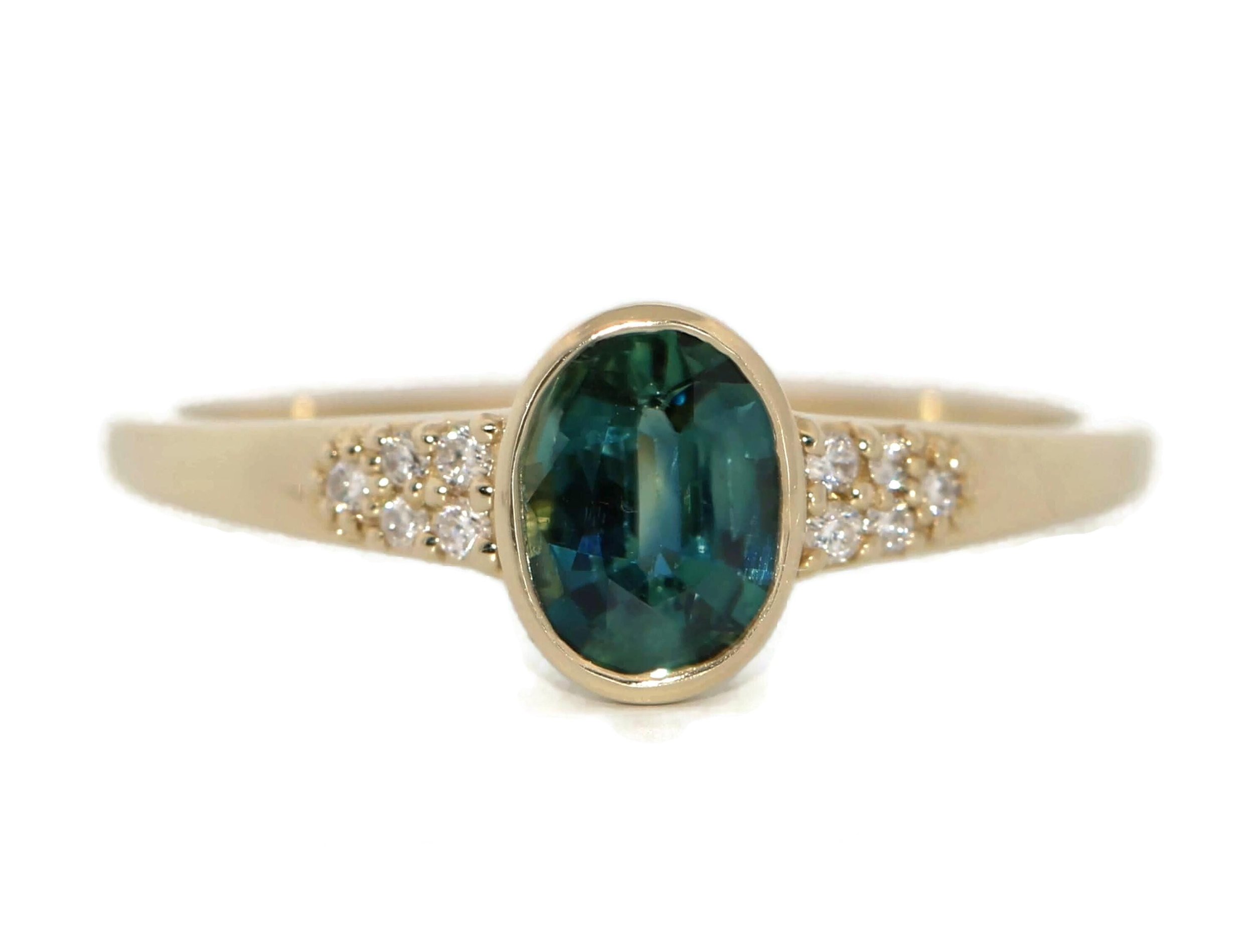 1 ct Oval Bezel Blue Green Natural Sapphire Engagement Ring