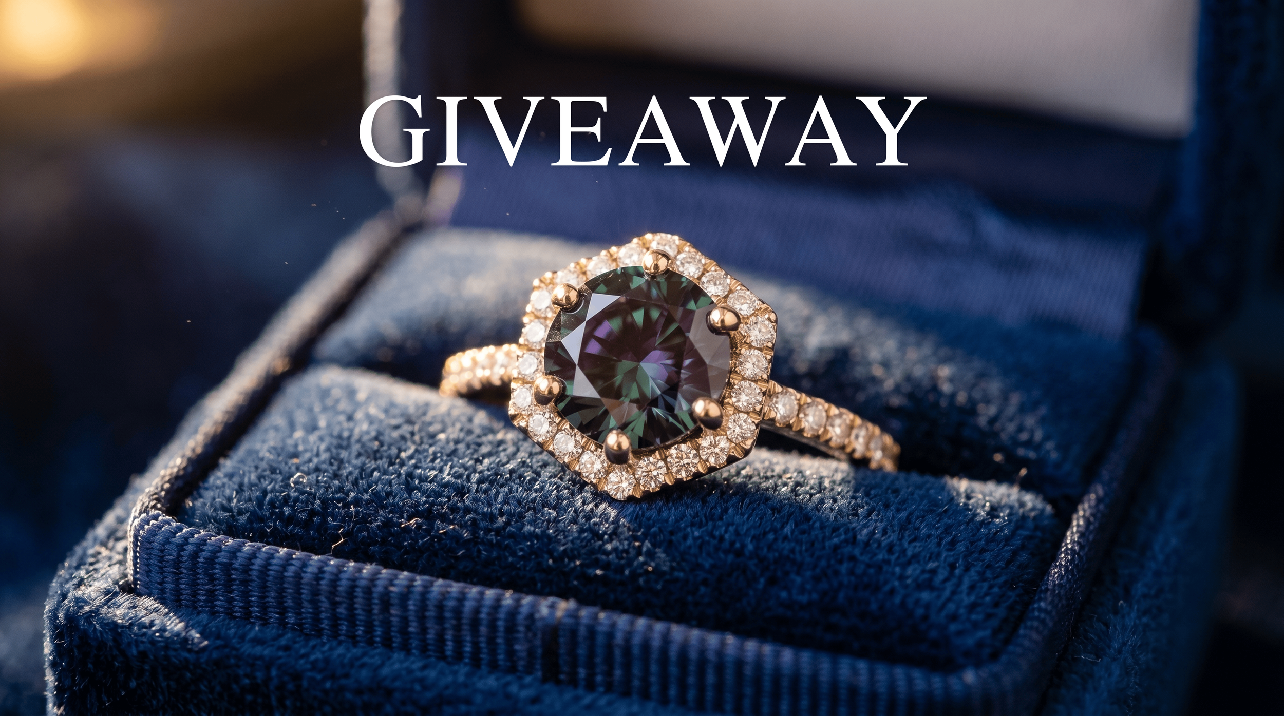 A 'Giveaway' banner over a close-up of a color-changing gemstone ring with a diamond halo, displayed in an open blue velvet ring box.