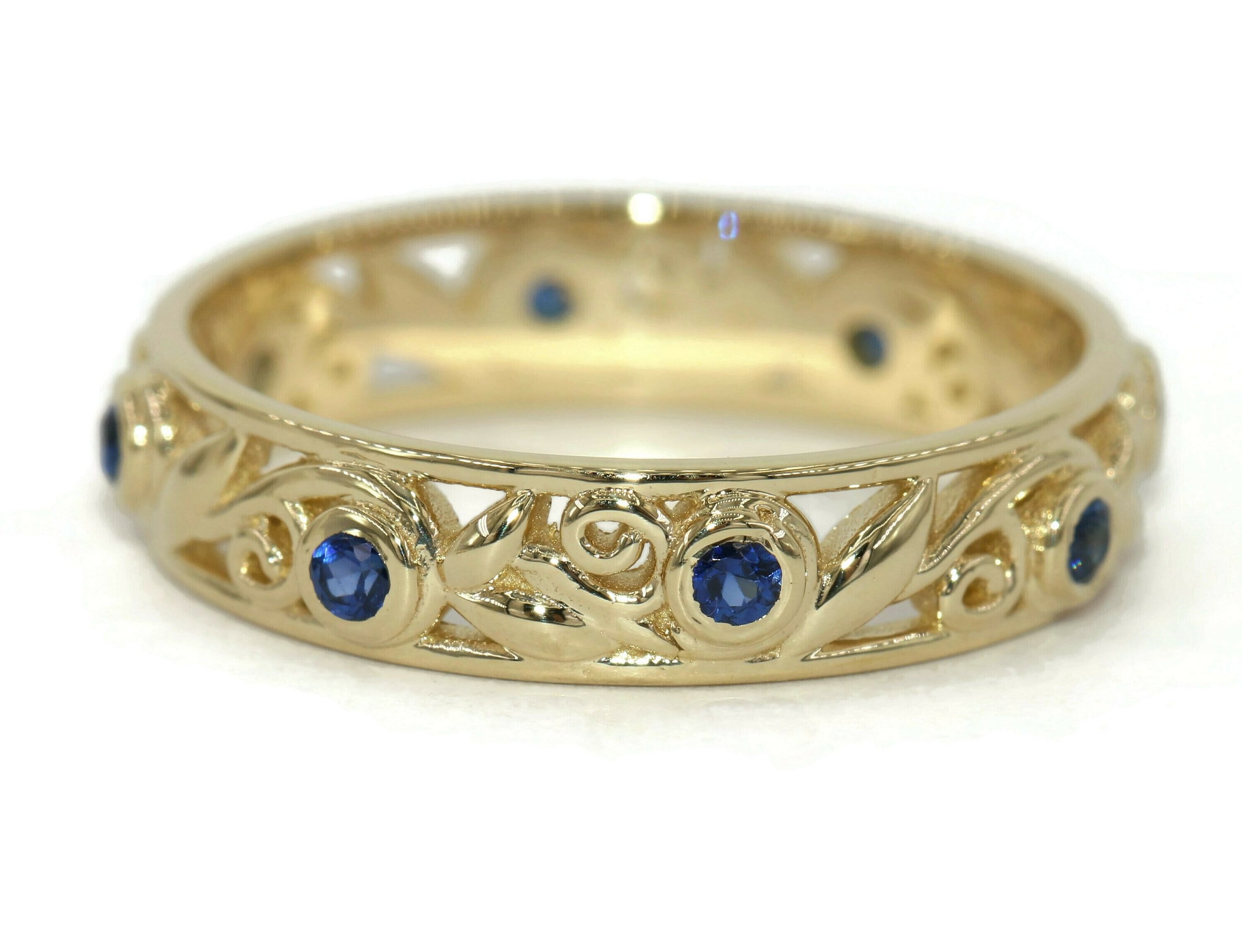 Lace Scroll Filigree Leaves Vines Natural Sapphires Whimsical Eternity Wedding Ring