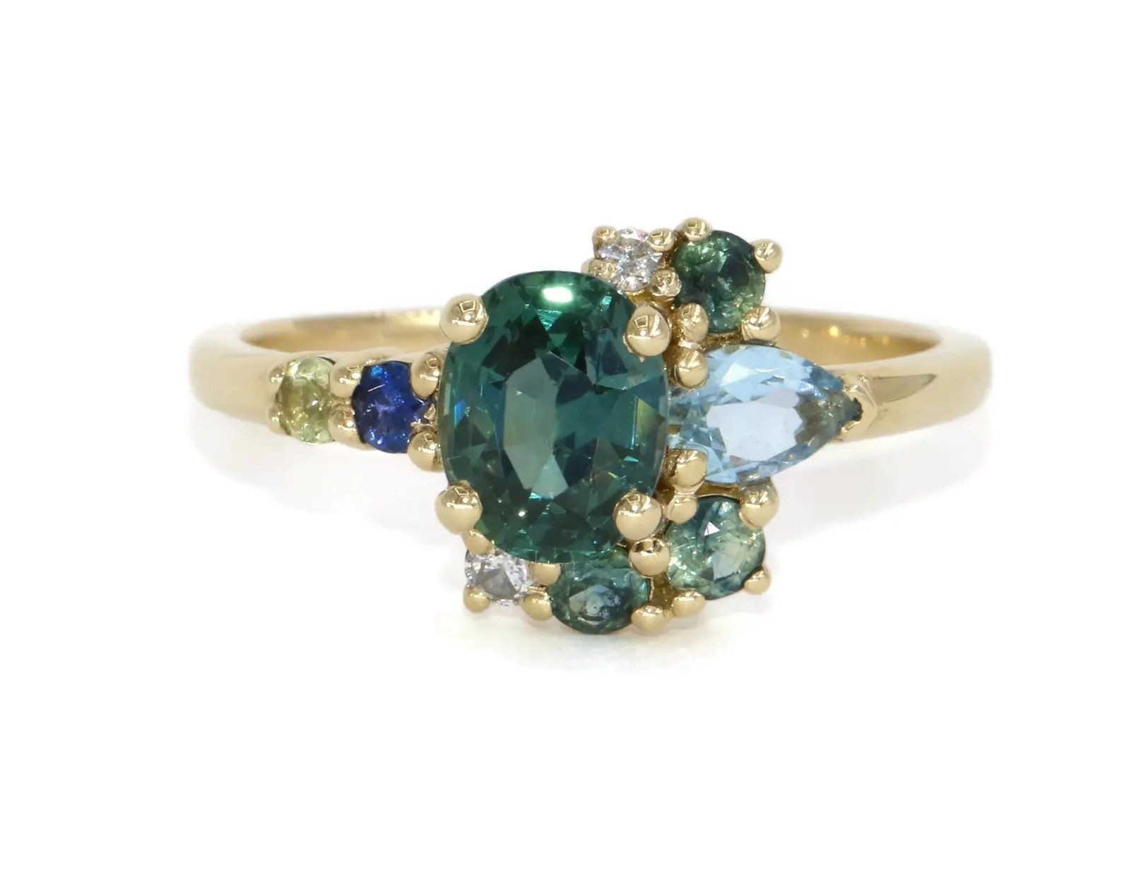 1 ct Blue Green Natural Sapphire Ombré Cluster Engagement Ring