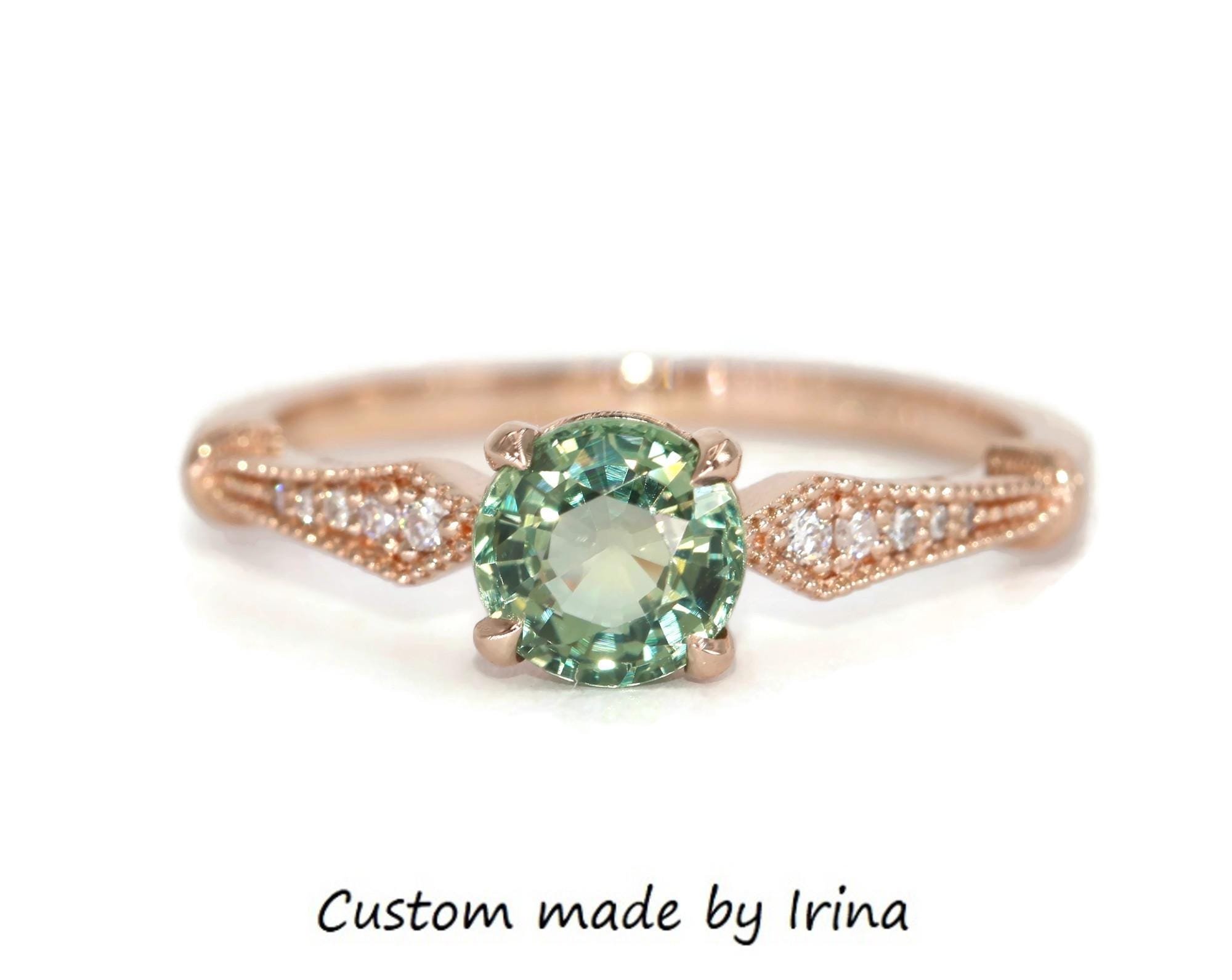 1 ct Green Natural Sapphire Edwardian Style Inspired Engagement Ring