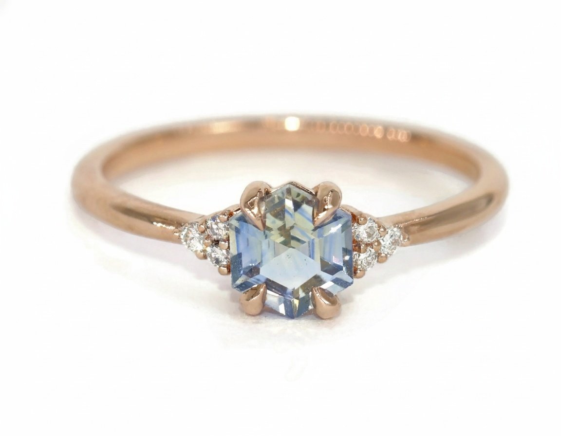 Sky Blue Hexagon Natural Sapphire and Diamonds Engagement Ring