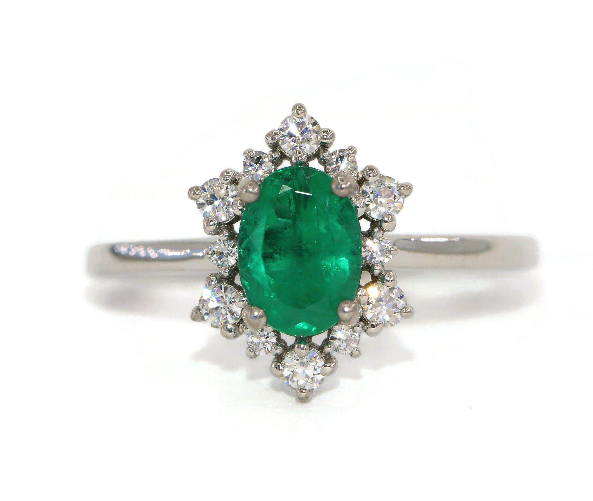 Snowflake Halo Oval Natural Emerald Engagement Ring