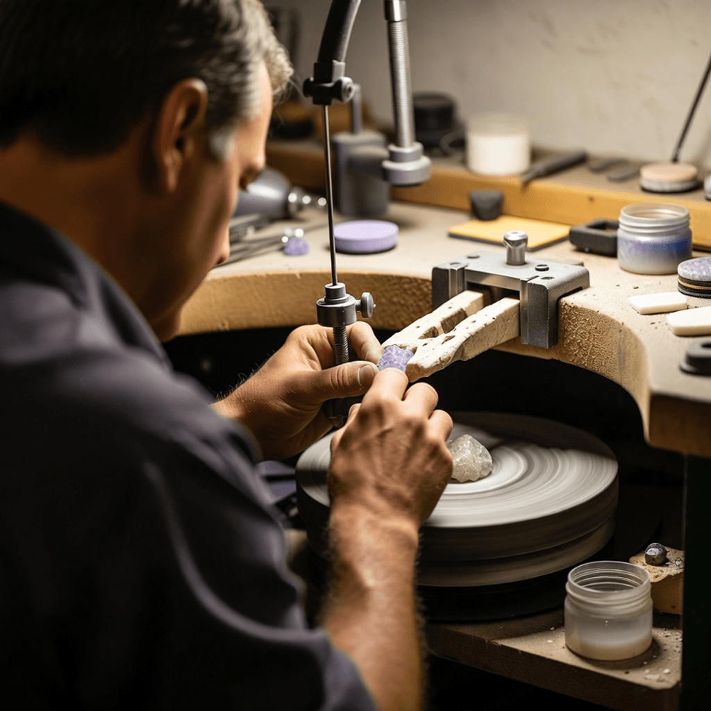 A man working in a jewelry workshop, polishing or shaping a gemstone on a rotating wheel, with various tools and small containers of materials on the workbench.