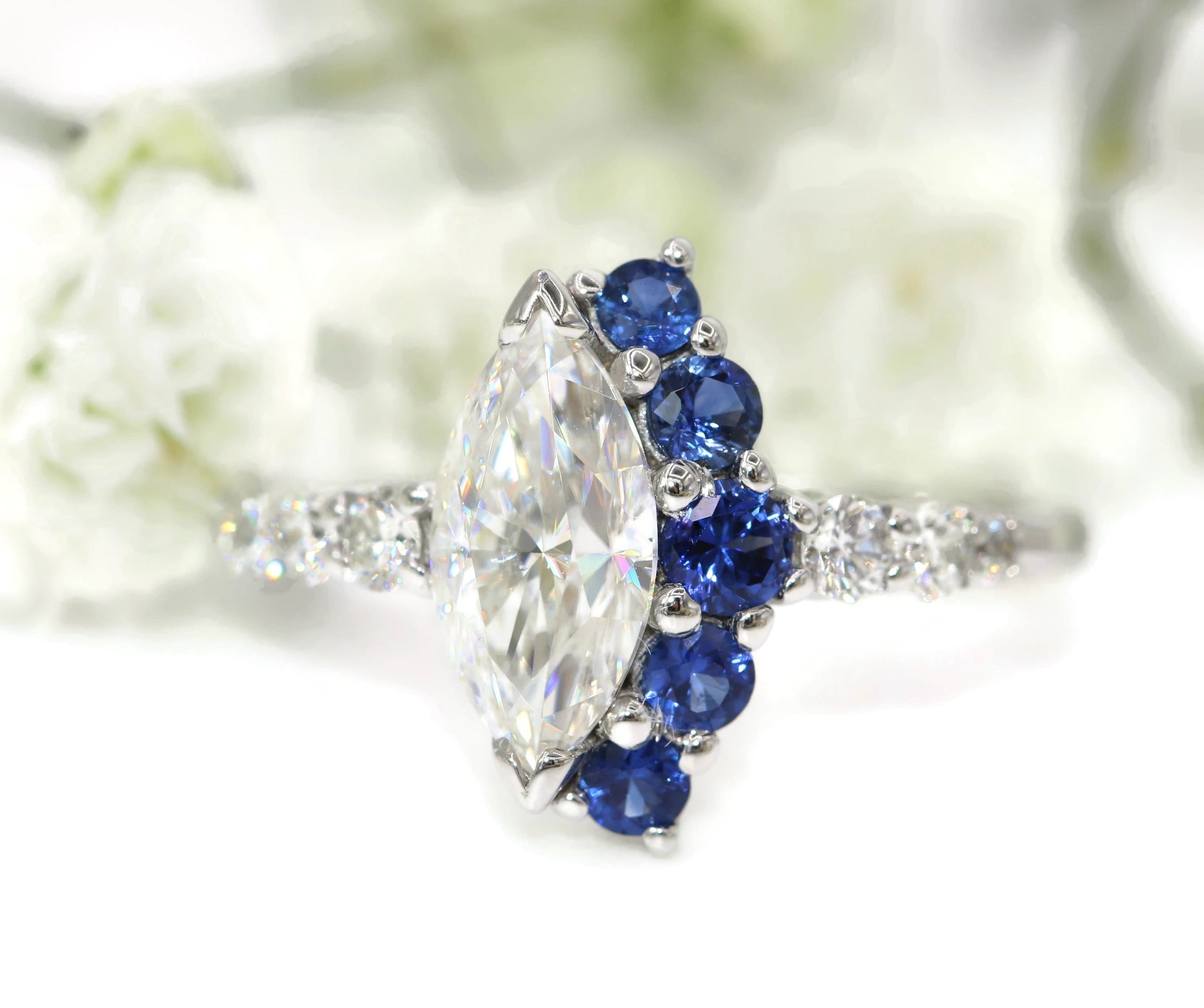 1.3 ct IGI Certified Lab Diamond Engagement Ring with Blue Natural Sapphire Half Moon Cluster Halo