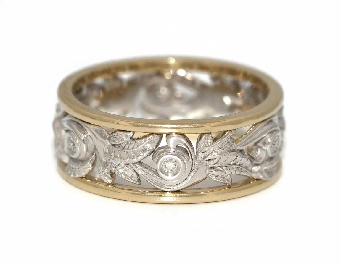 6 mm Bi-color Mixed Gold Natural Diamonds Lace Scrollwork Vine Leaf Wedding Ring
