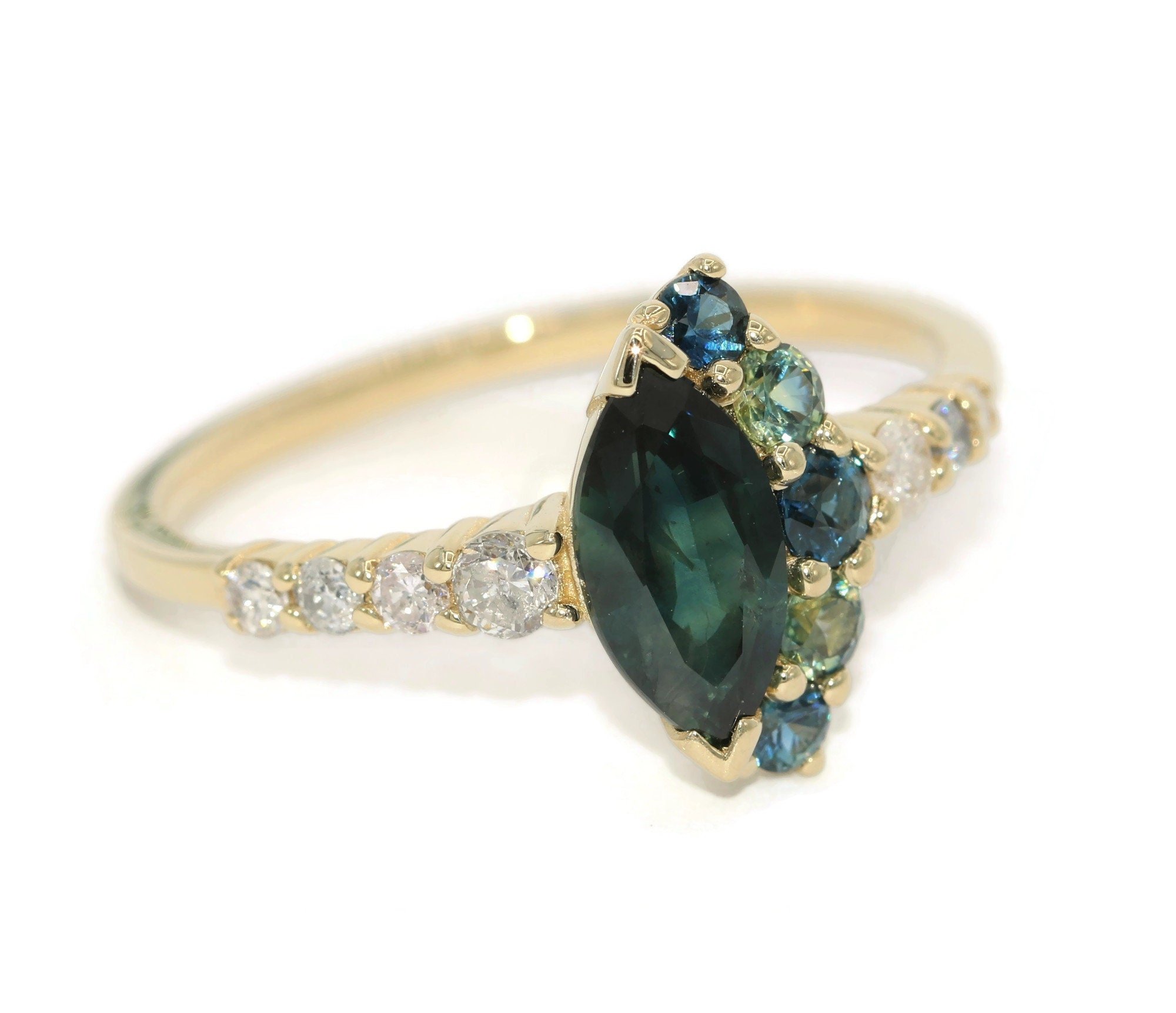 1.3 ct Blue Green Marquise Shape Natural Sapphire Ombre Crescent Cluster Engagement Ring