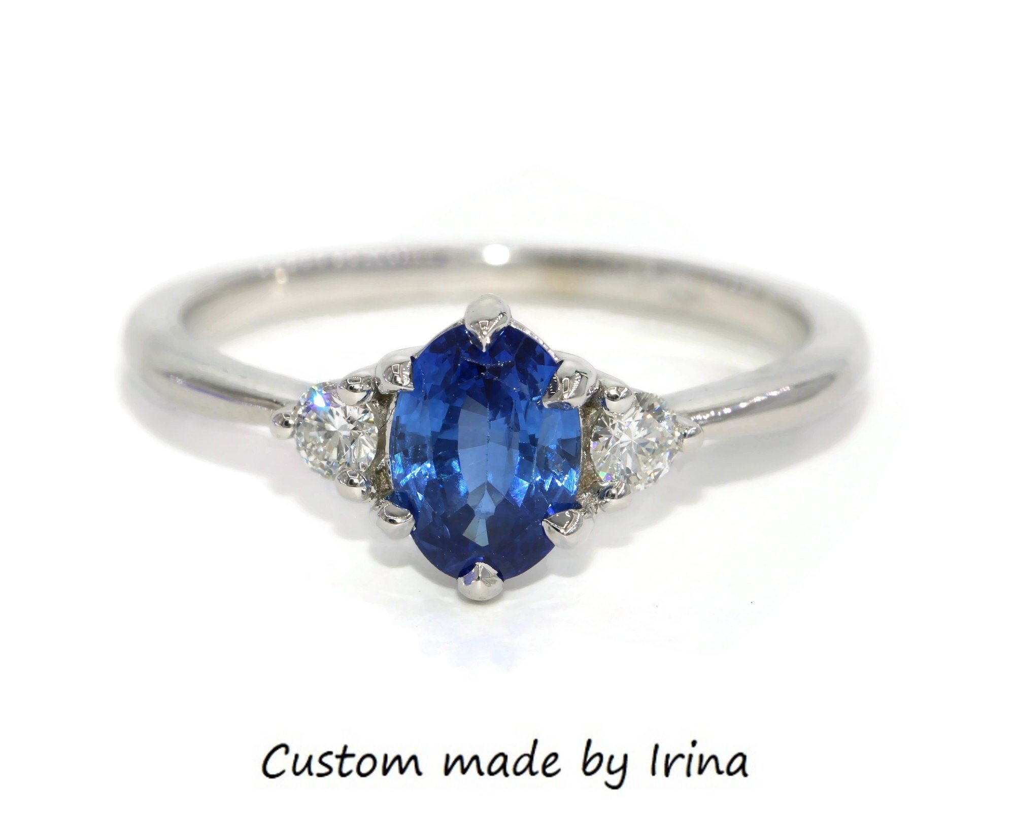 1.2 ct Oval Natural Sapphire and Diamonds Three Stone Ring 14k Solid Gold